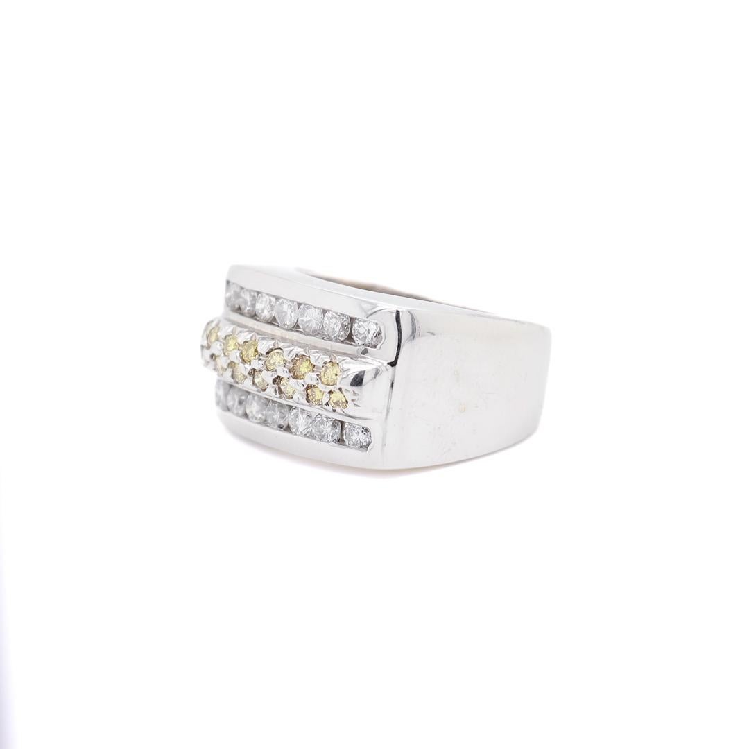 Modern 14K Gold, Yellow Diamond, & White Diamond Men's Rectangular Signet Style Ring For Sale