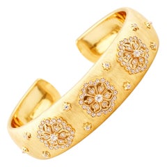 14K Gold Yellow Gold 0.80 Ct Natural Diamond Floral Open Cuff Wide Bracelet