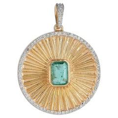 14K Gold Zambian Emerald & Diamond Sunburst Medallion Pendant 1.21 Ct