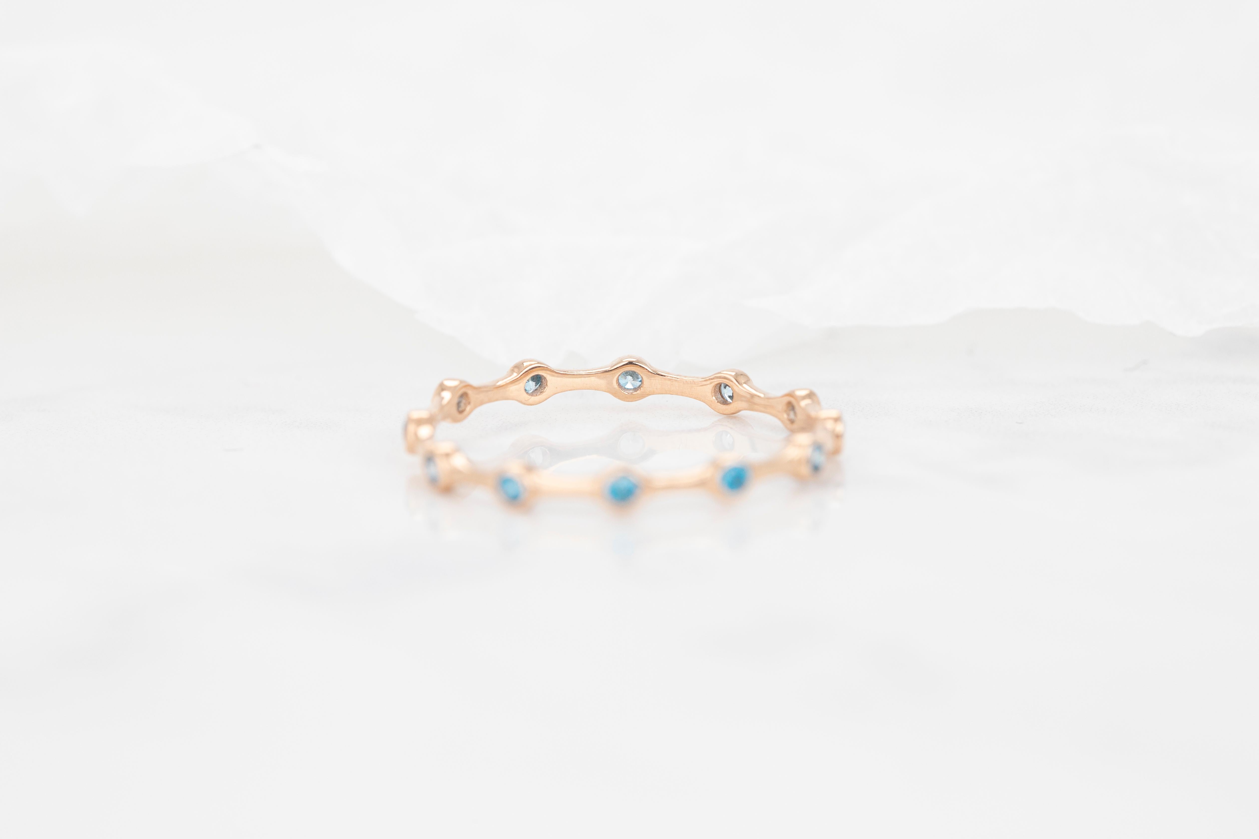 14K Gold Ziricon Tiny Bamboo Ring, Gold Bamboo Shape Eternity Blue Zircon Ring 2