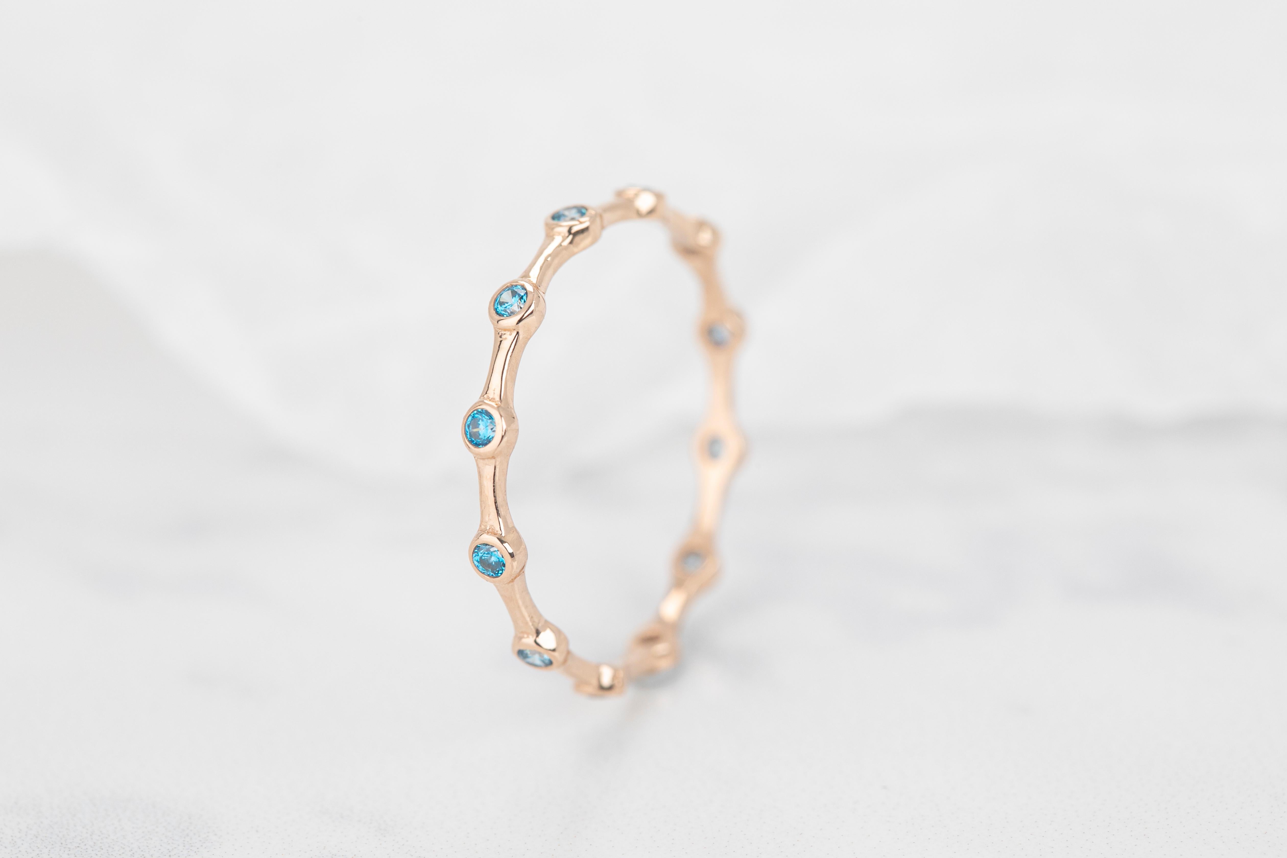 14K Gold Ziricon Tiny Bamboo Ring, Gold Bamboo Shape Eternity Blue Zircon Ring 3