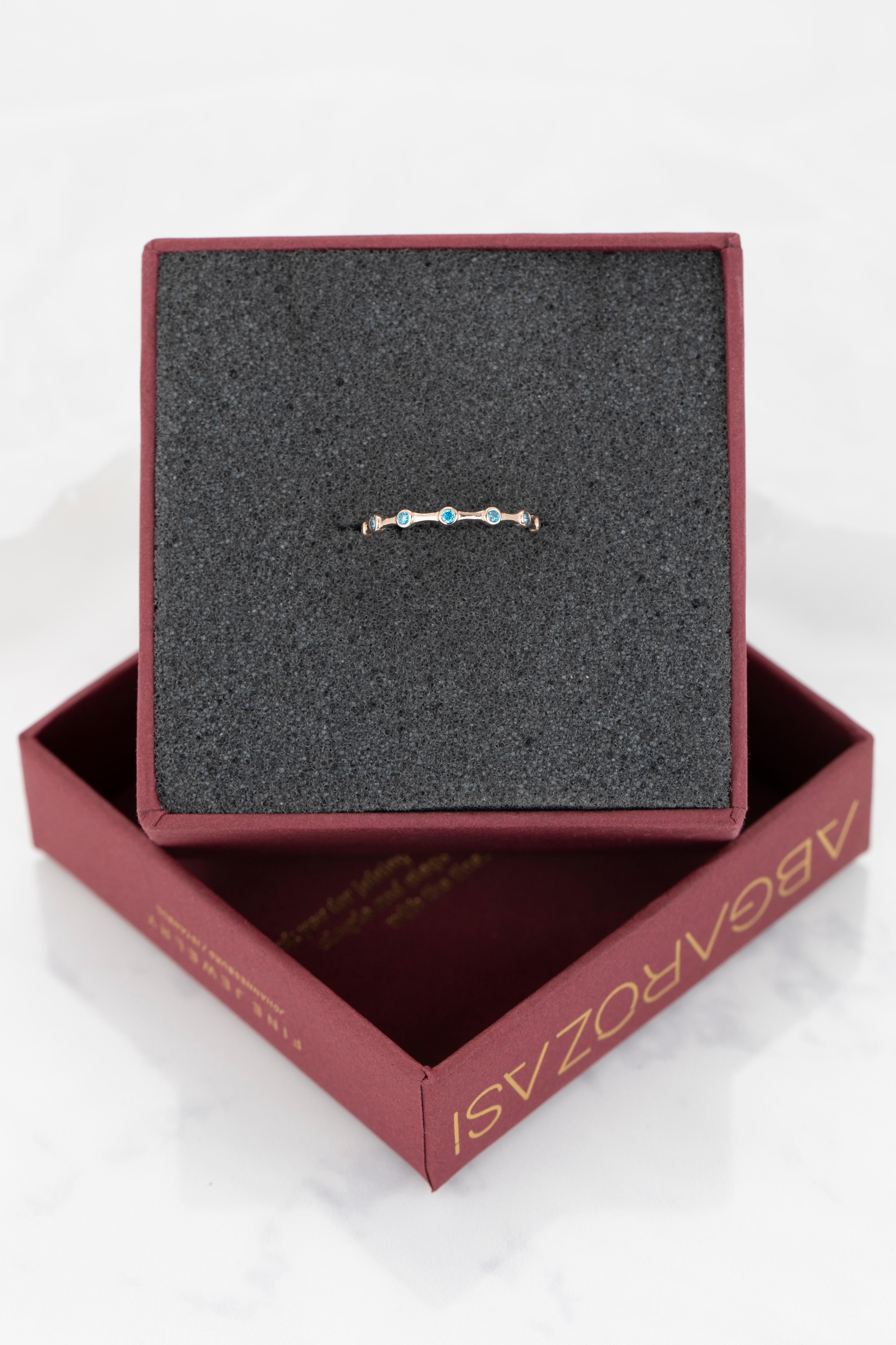 14K Gold Ziricon Tiny Bamboo Ring, Gold Bamboo Shape Eternity Blue Zircon Ring 4