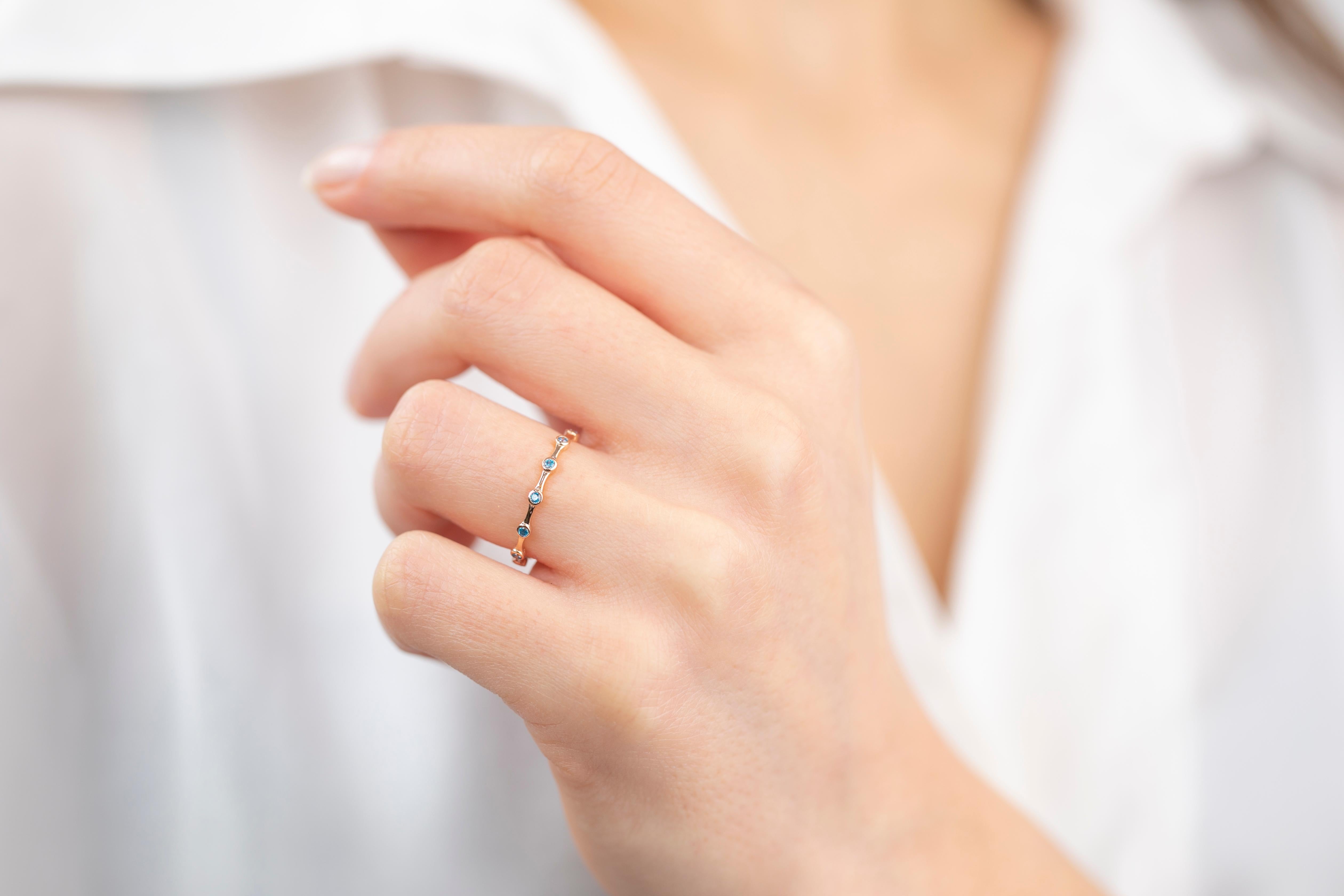 14K Gold Ziricon Tiny Bamboo Ring, Gold Bamboo Shape Eternity Blue Zircon Ring 6