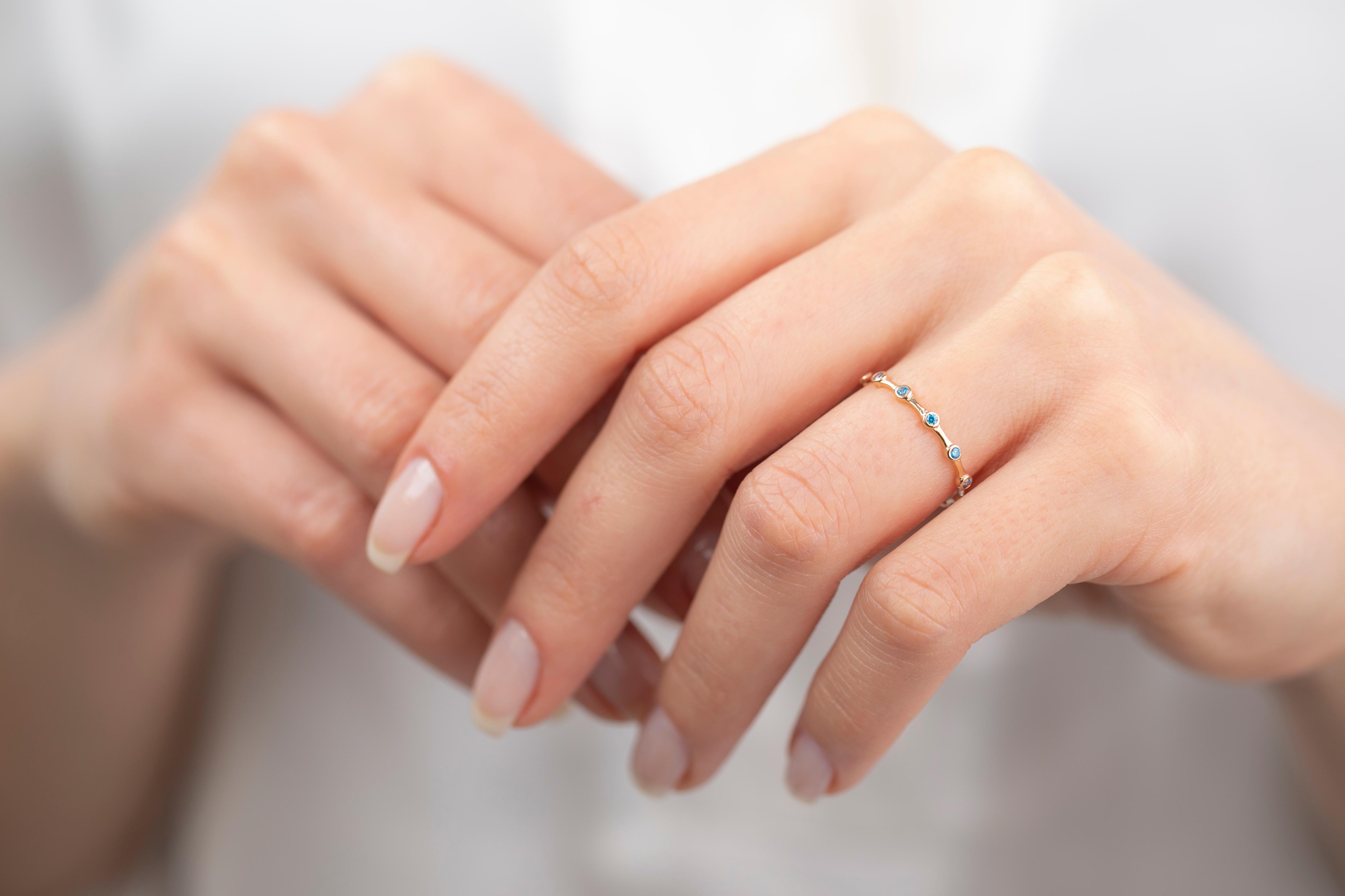 14K Gold Ziricon Tiny Bamboo Ring, Gold Bamboo Shape Eternity Blue Zircon Ring 7