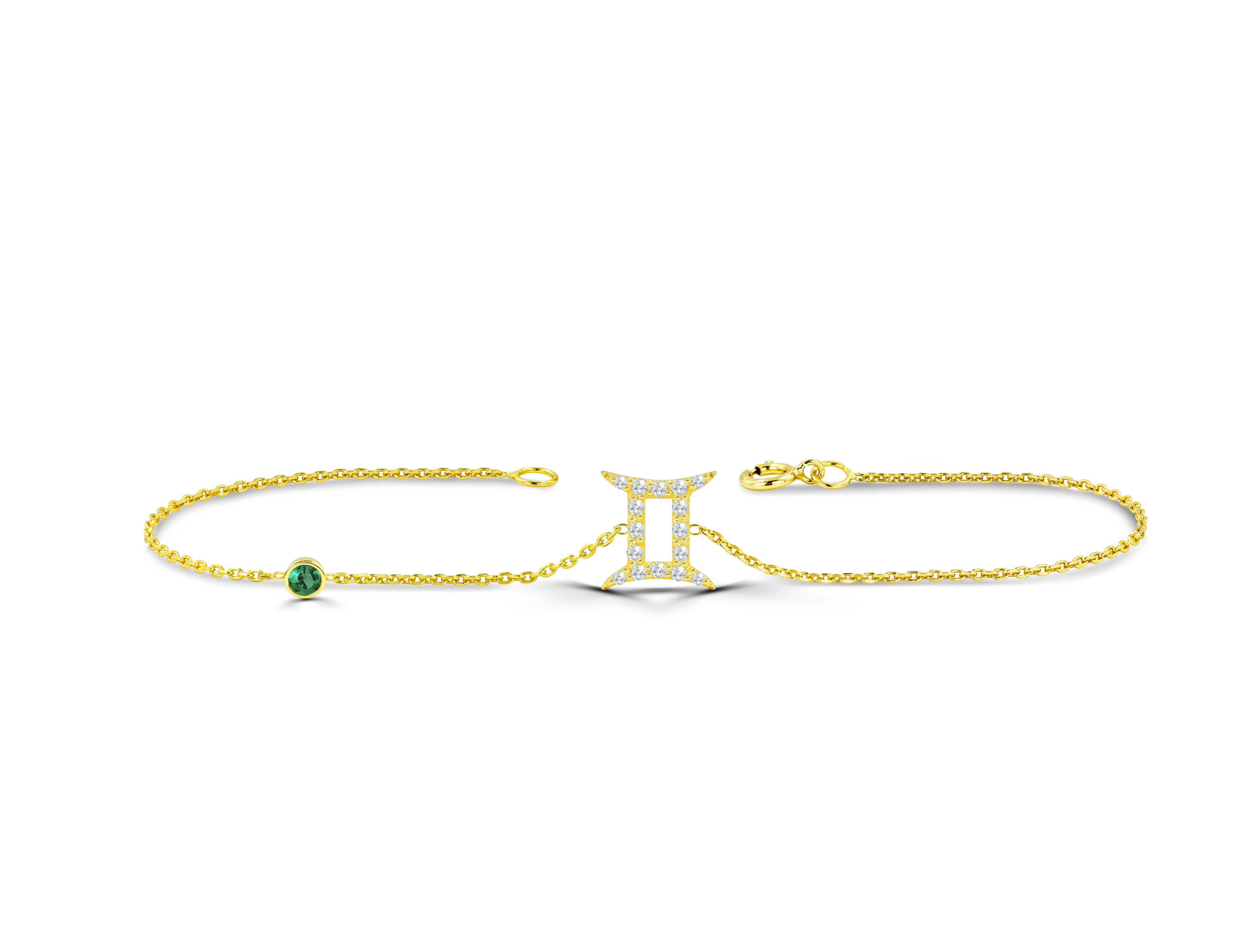 14k Gold Zodiac Gemini-Diamant-Armband mit Geburtsstein, Rubin, Smaragd, Saphir (Rundschliff) im Angebot