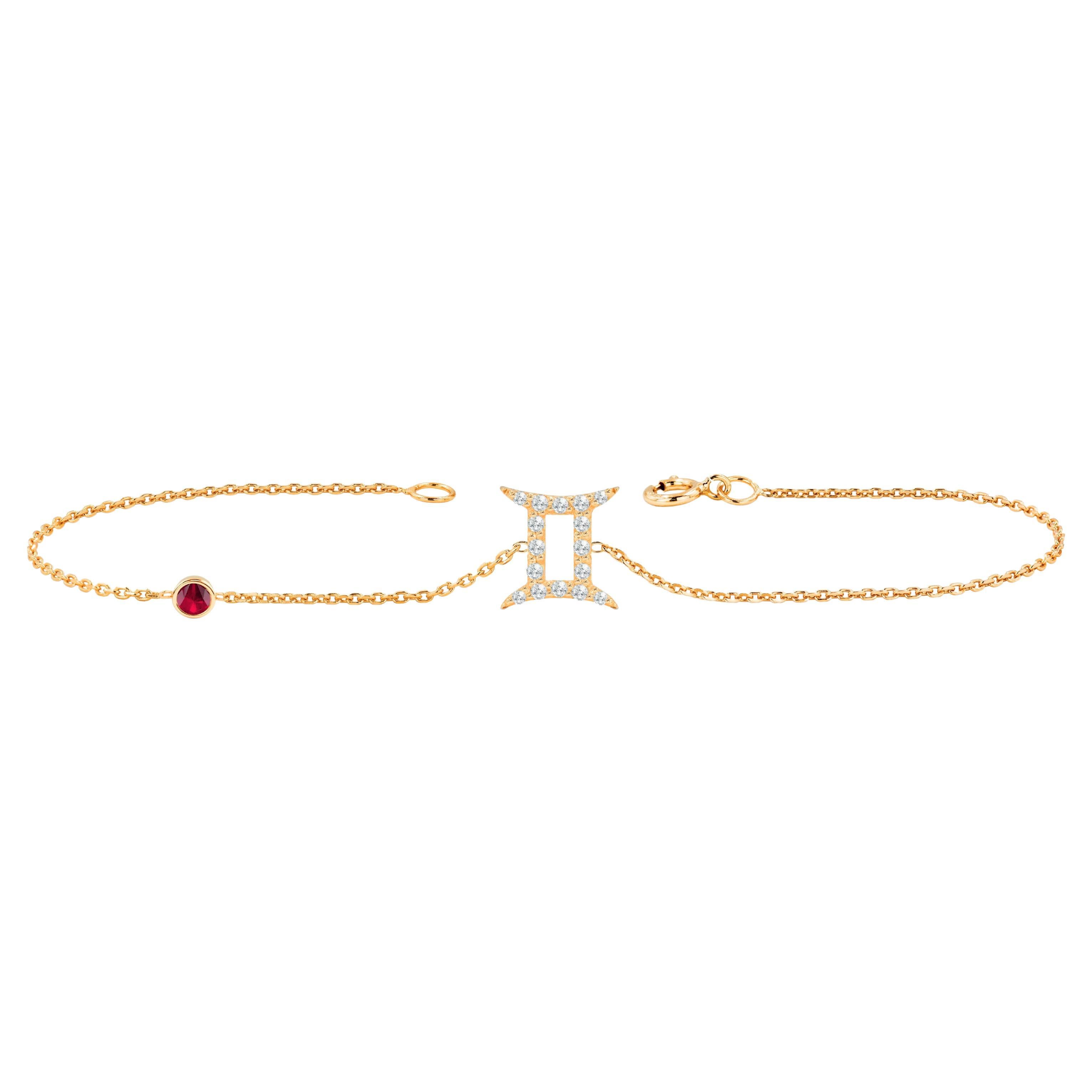 14k Gold Zodiac Gemini Diamond Bracelet with Birthstone Ruby Emerald Sapphire For Sale