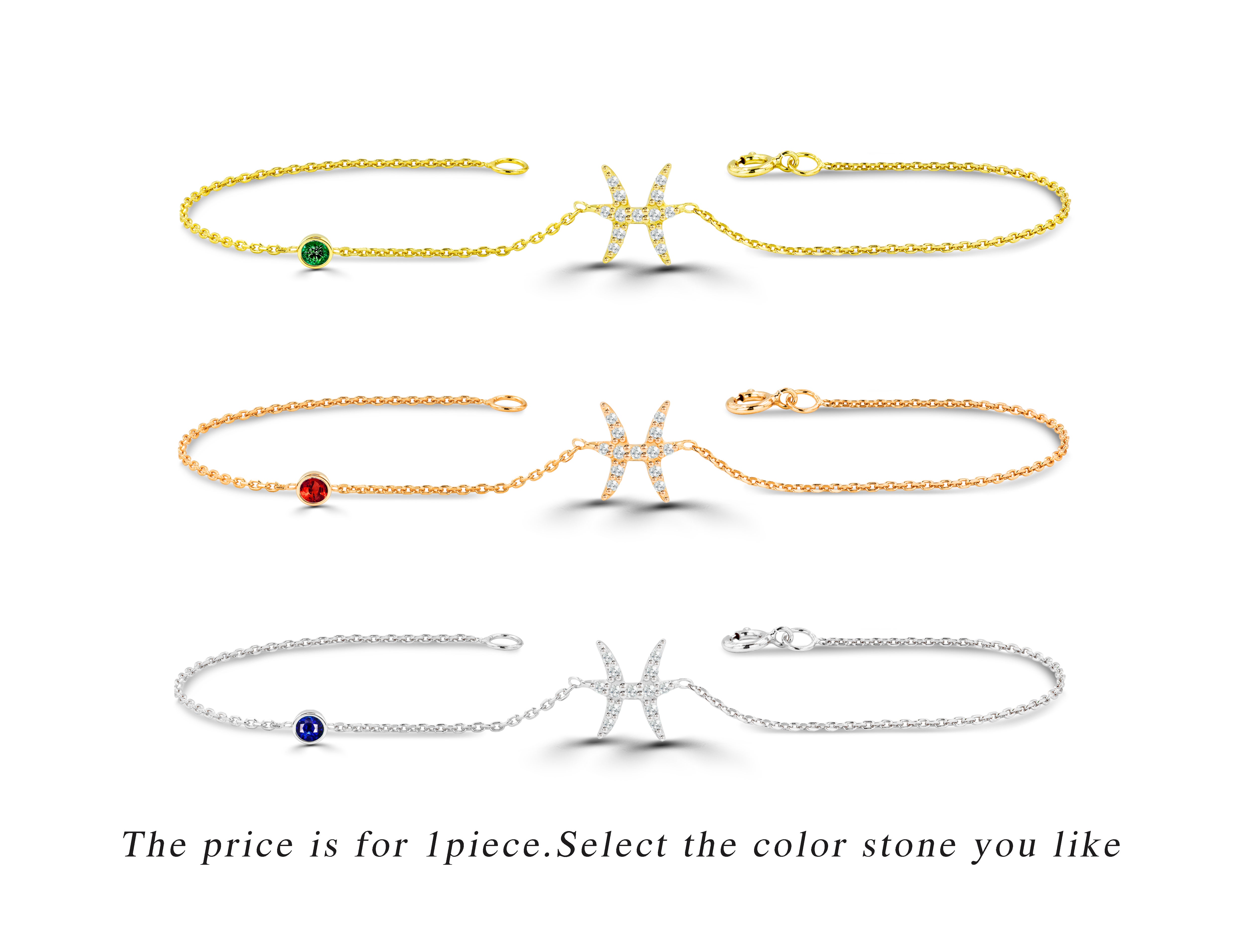 Bracelet signe du zodiaque poisson en or 14 carats avec pierre de naissance, rubis, émeraude et saphir