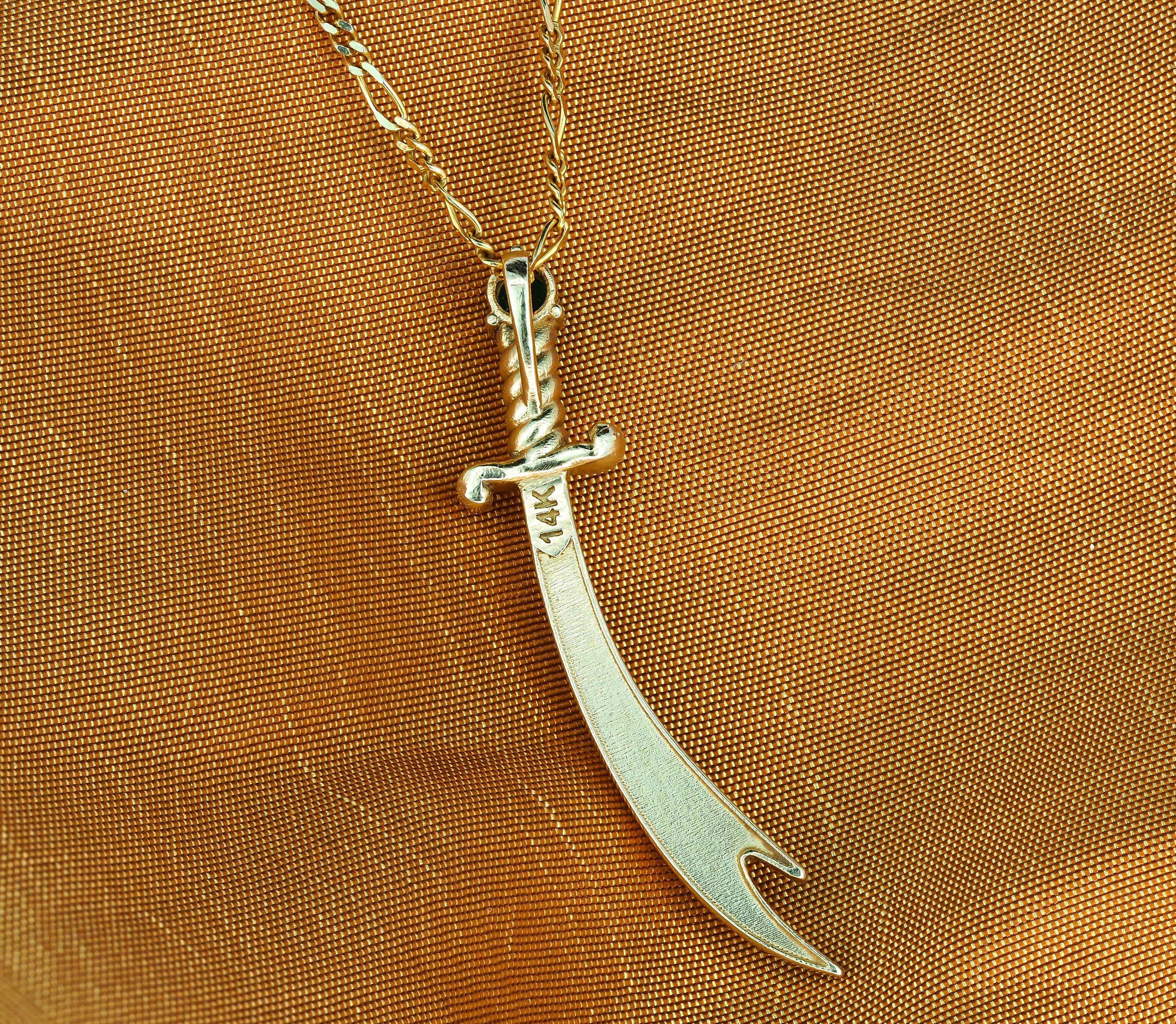 Round Cut 14K Gold Zulfikar sword pendant with emerald, diamonds.  For Sale
