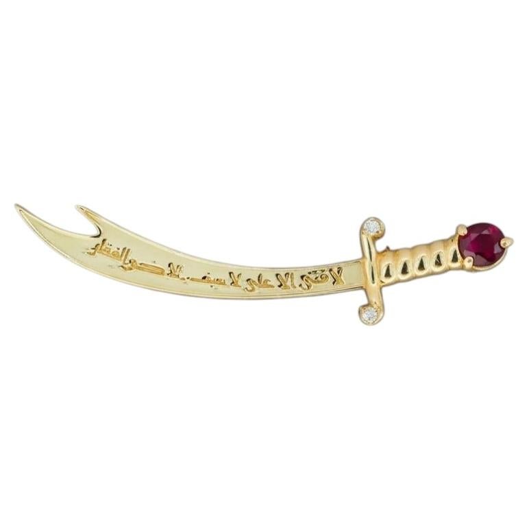 14K Gold Zulfikar sword pendant with ruby For Sale