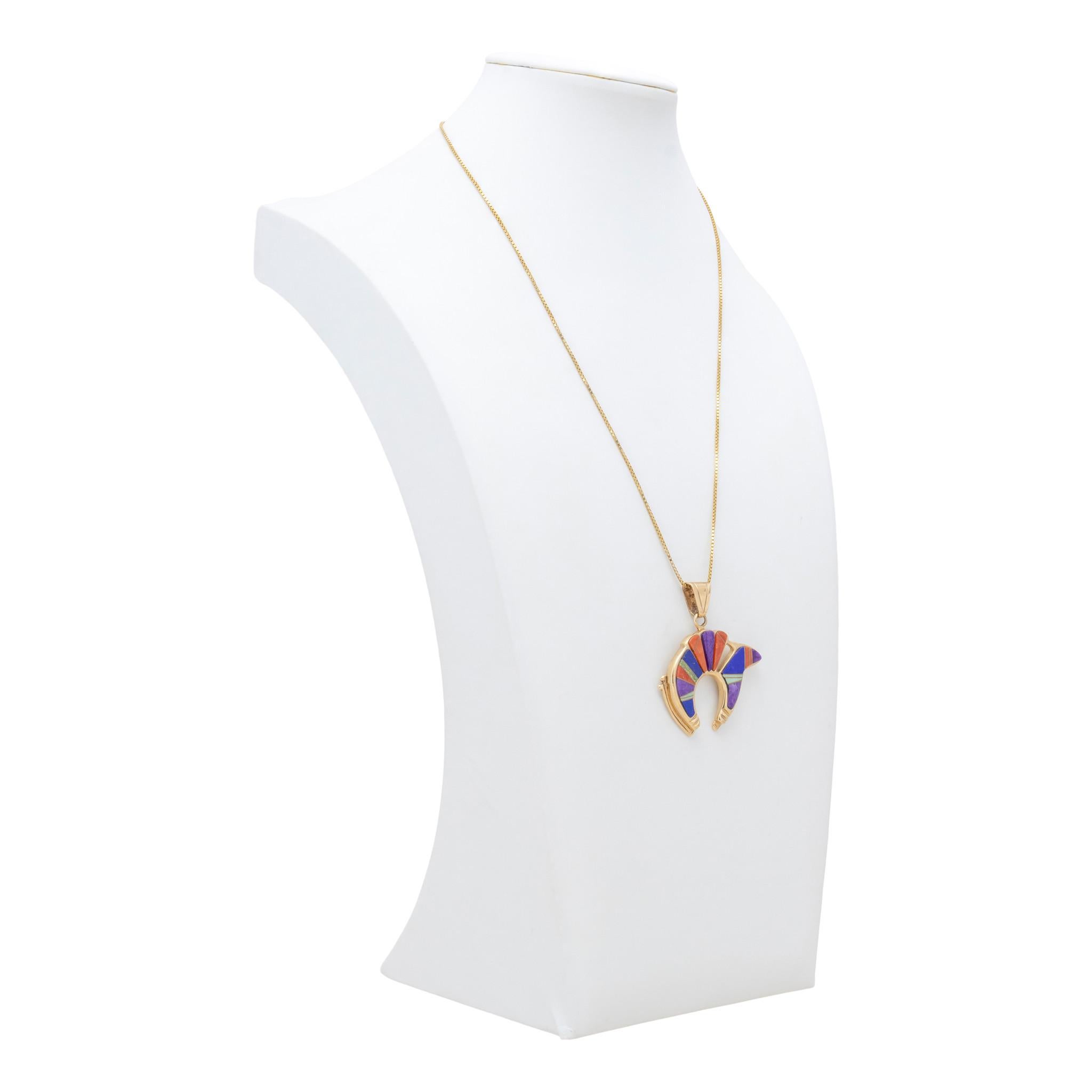 Native American 14k Gold Zuni Inlay Pendant Necklace For Sale