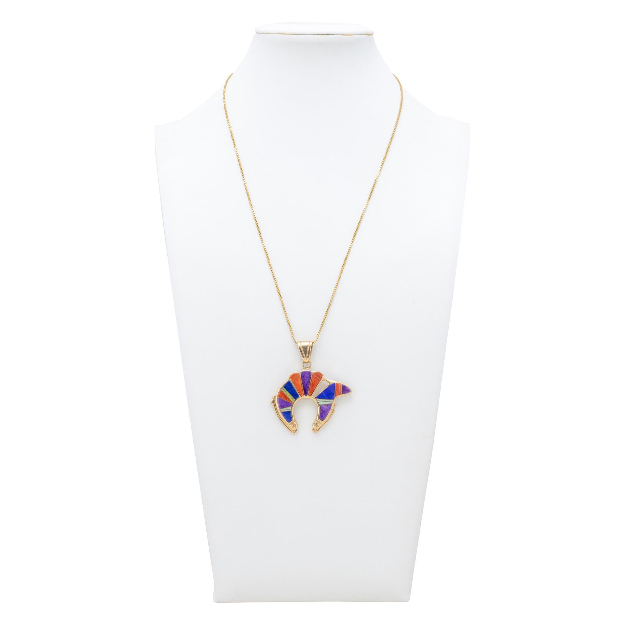 14k Gold Zuni Inlay Pendant Necklace In Good Condition For Sale In Coeur d Alene, ID