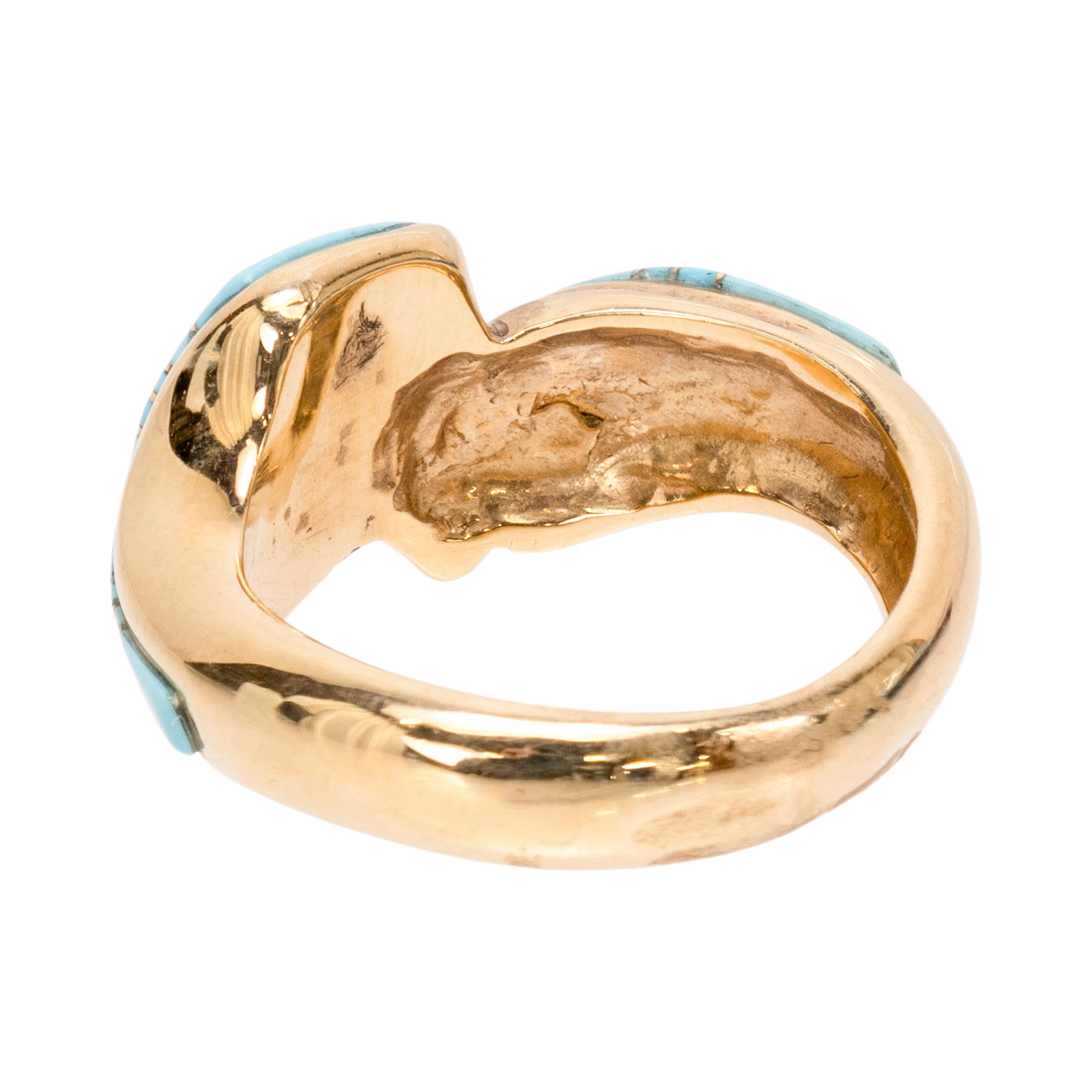 Zuni inlay ring with turquoise inlay on 14k yellow gold band. Beautiful and elegant piece, great for formal or casual wear. Marked 