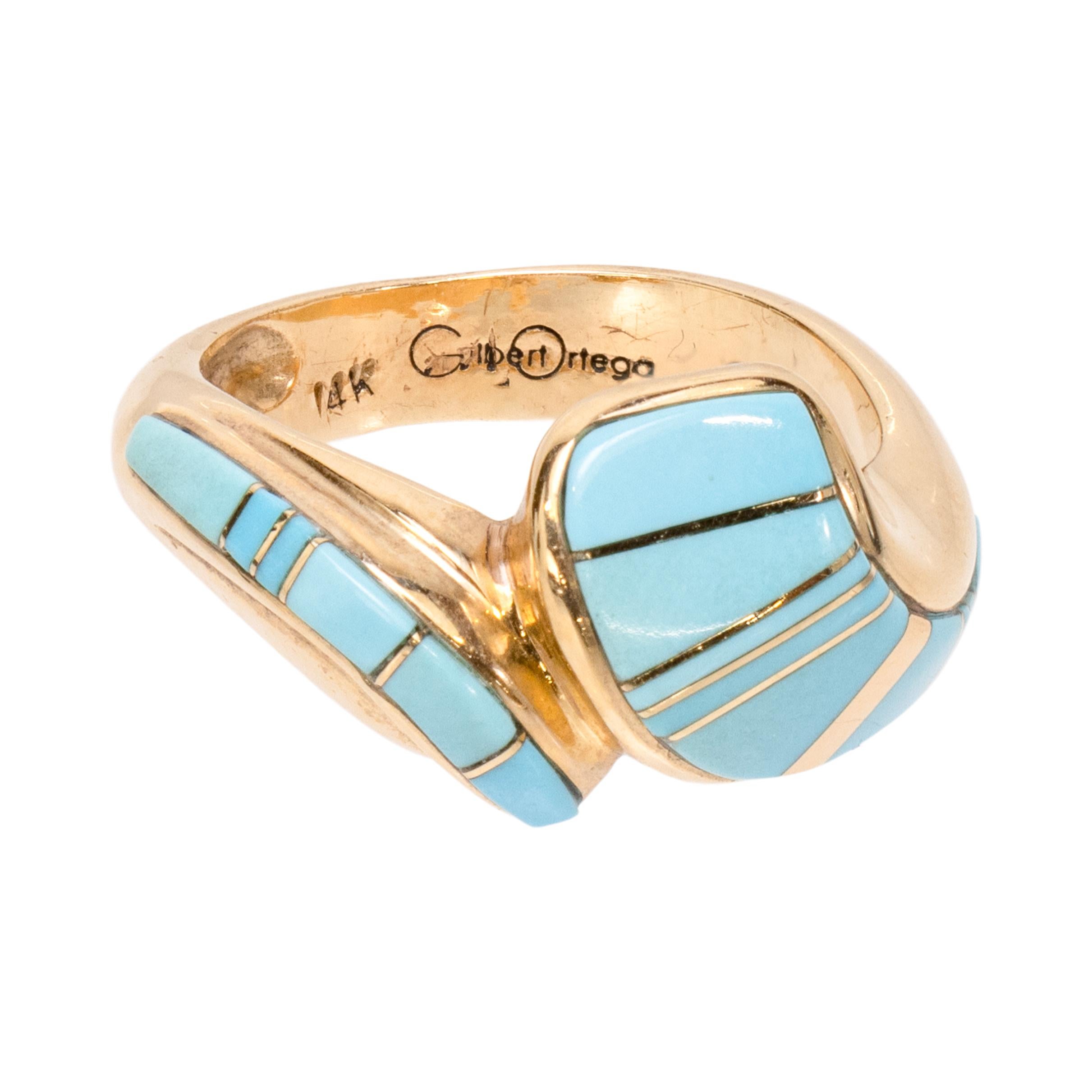 Old Mine Cut 14k Gold Zuni Turquoise Ring For Sale