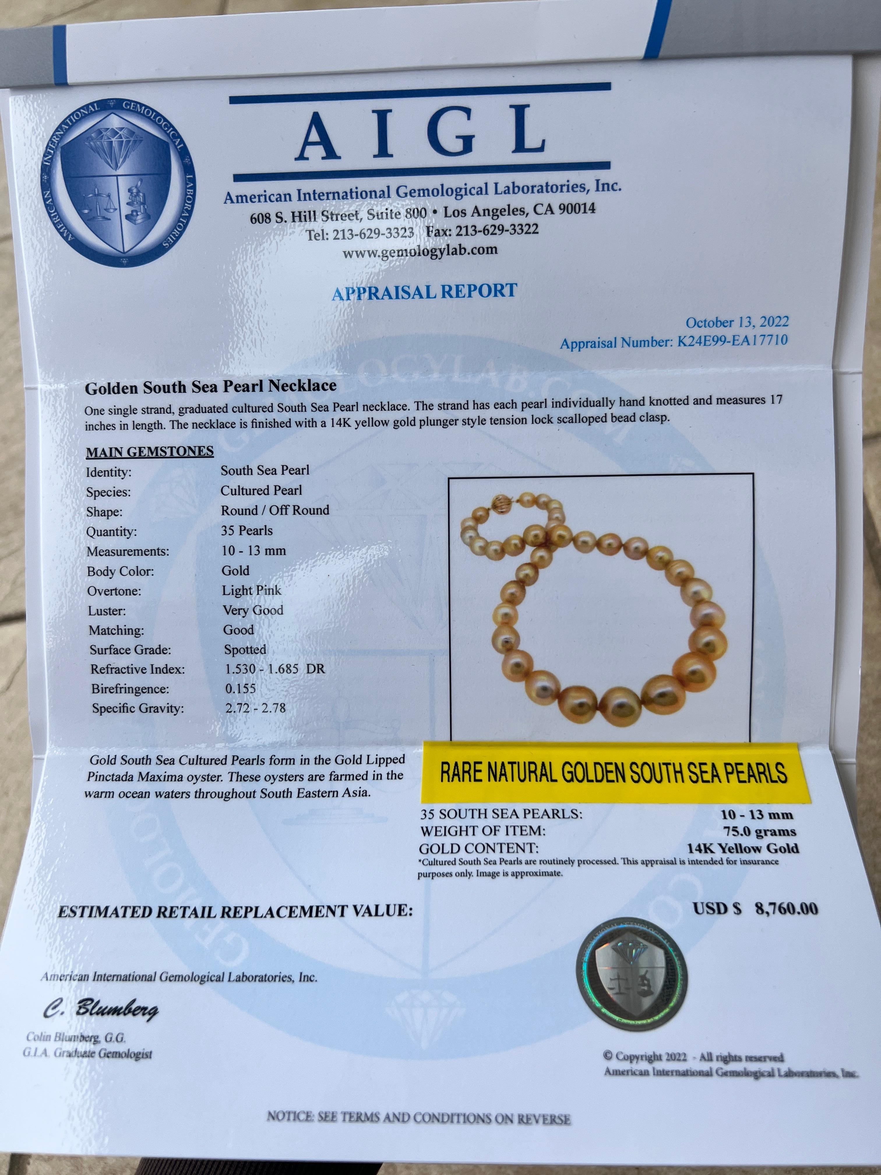 14k Golden South Seas Pearl Necklace In New Condition In Austin, TX