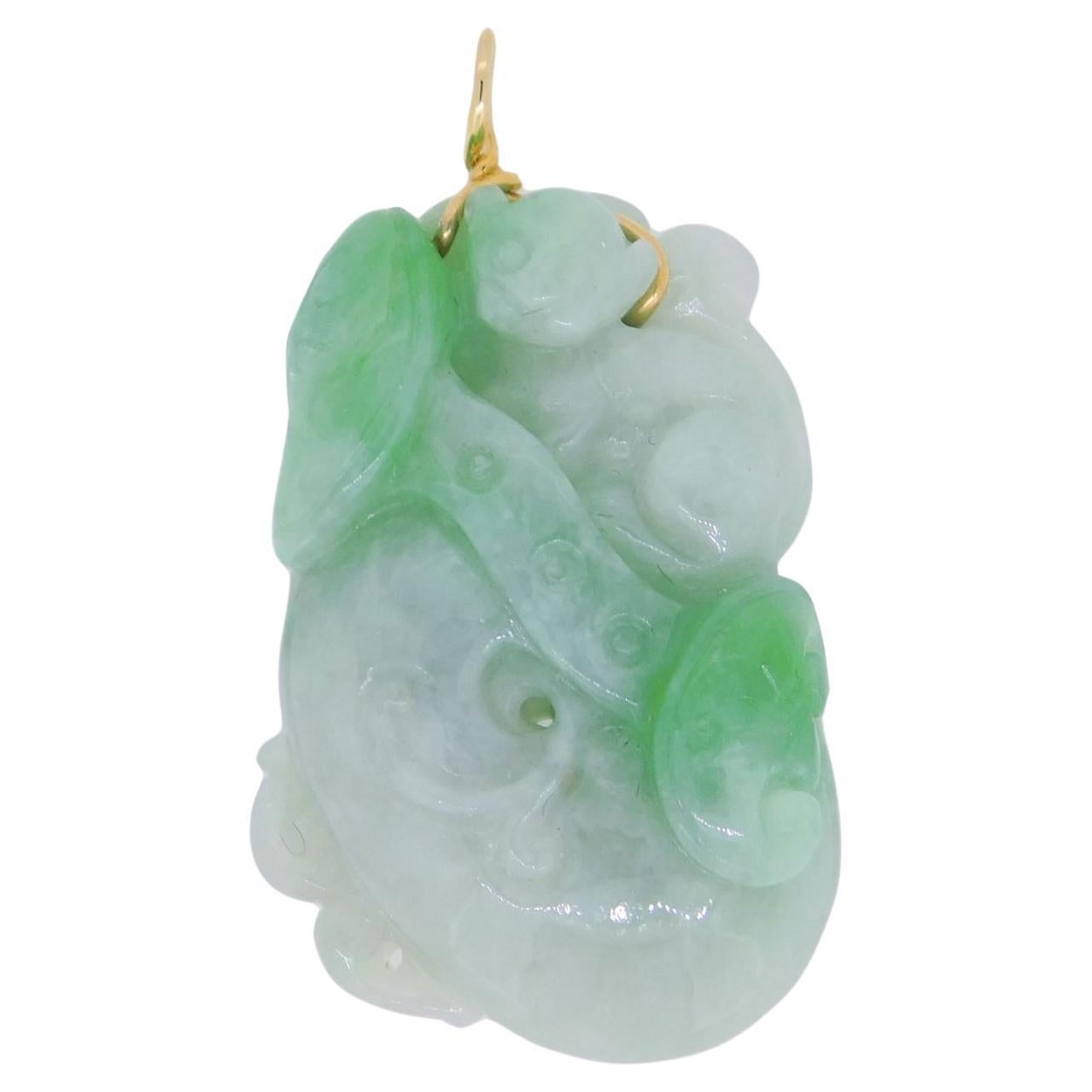 14K "Grade A" Carved Jadeite Jade Pendant with Report