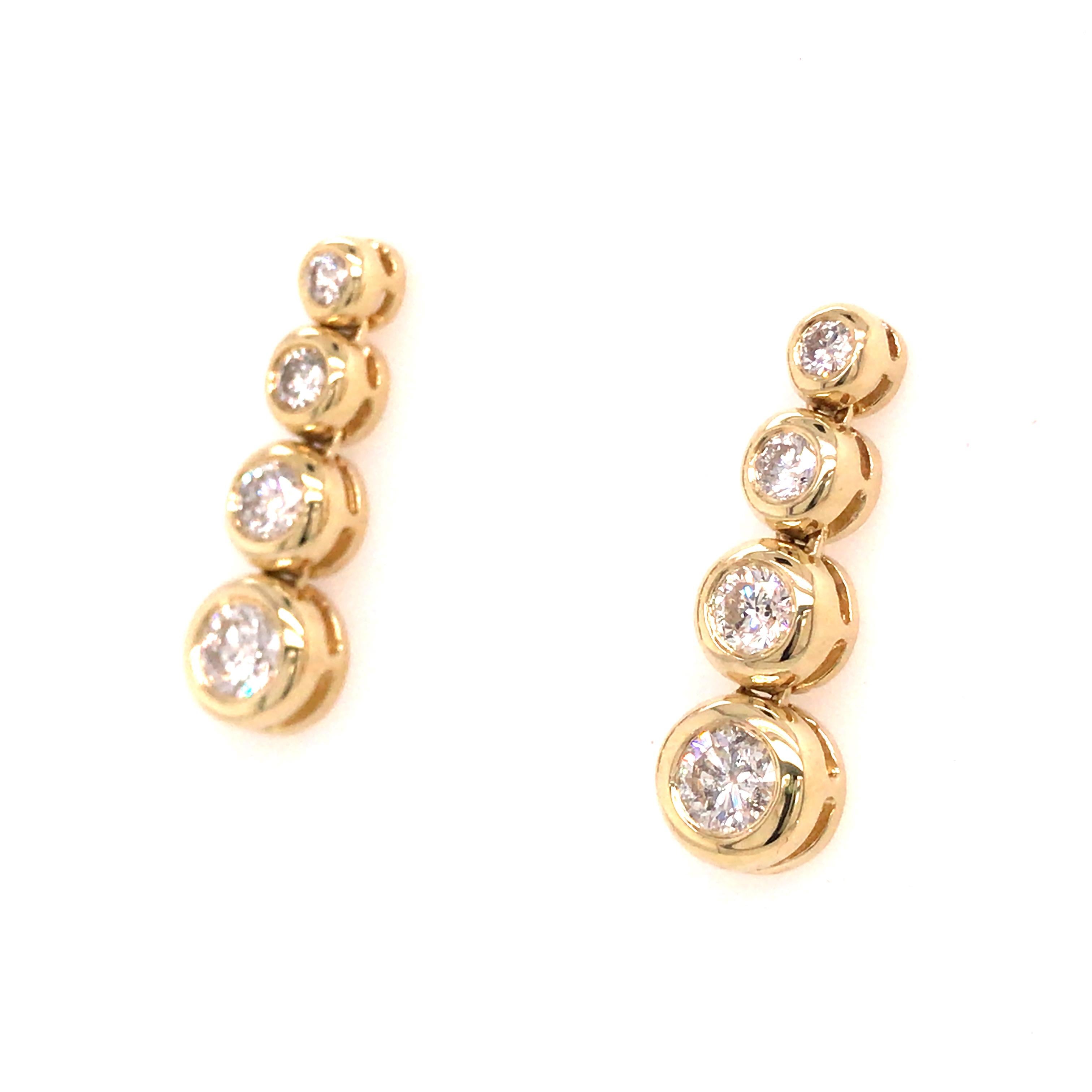 Round Cut 14K Graduated Diamond Bezel Set Earrings Yellow Gold