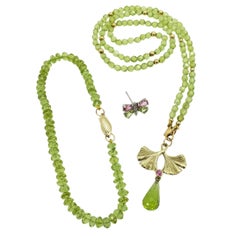 14K Green Gold Double Gingko Pendant with Pink Sapphire and Peridot Briolette