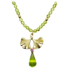 14K Green Gold Double Gingko Pendant with Pink Sapphire and Peridot Briolette