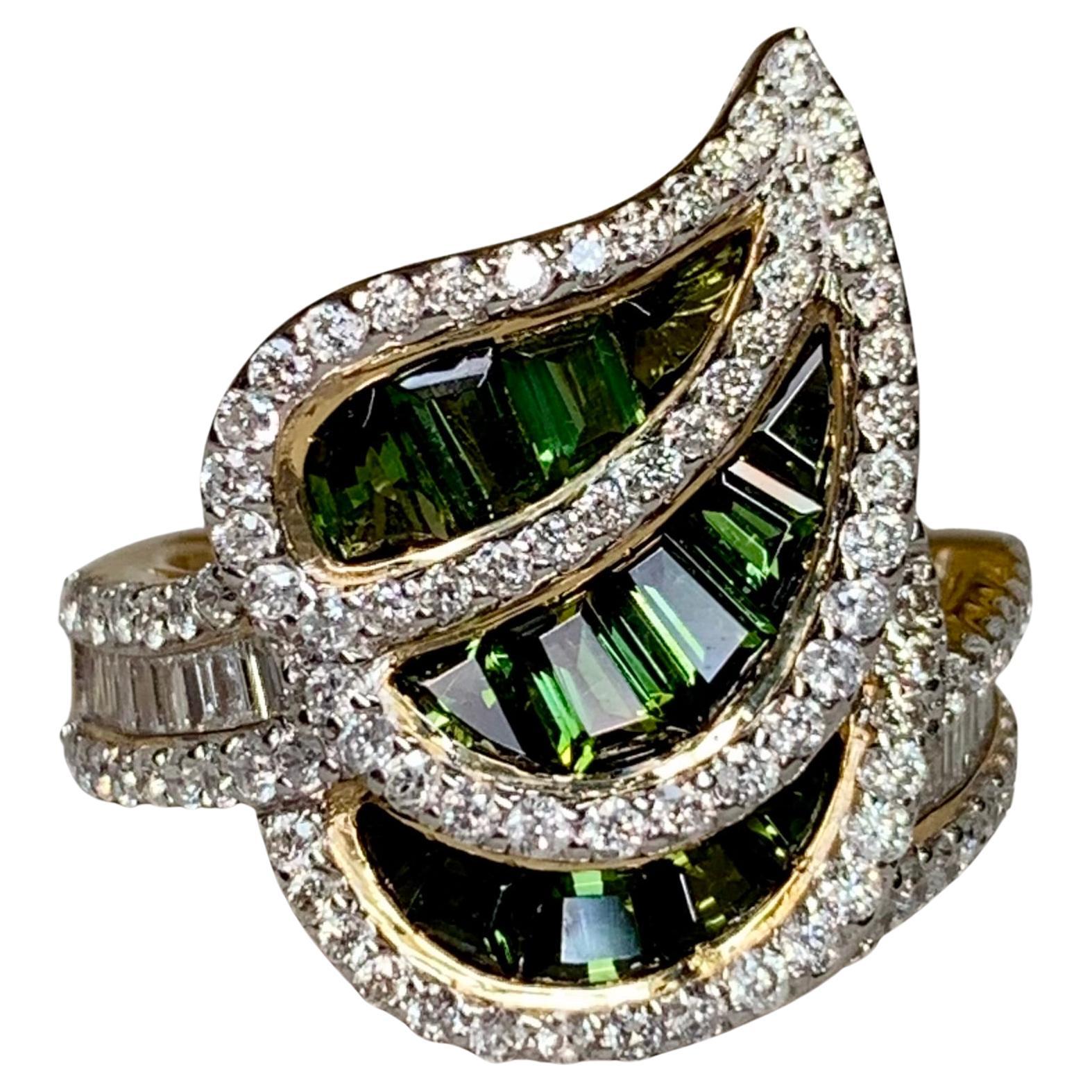14K Tourmaline verte Baguette Diamant Feuille Bague Cocktail 3.75ctw Sz 6.25