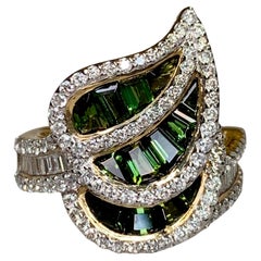 14K Green Tourmaline Baguette Diamond Leaf Cocktail Ring 3.75ctw Sz 6.25