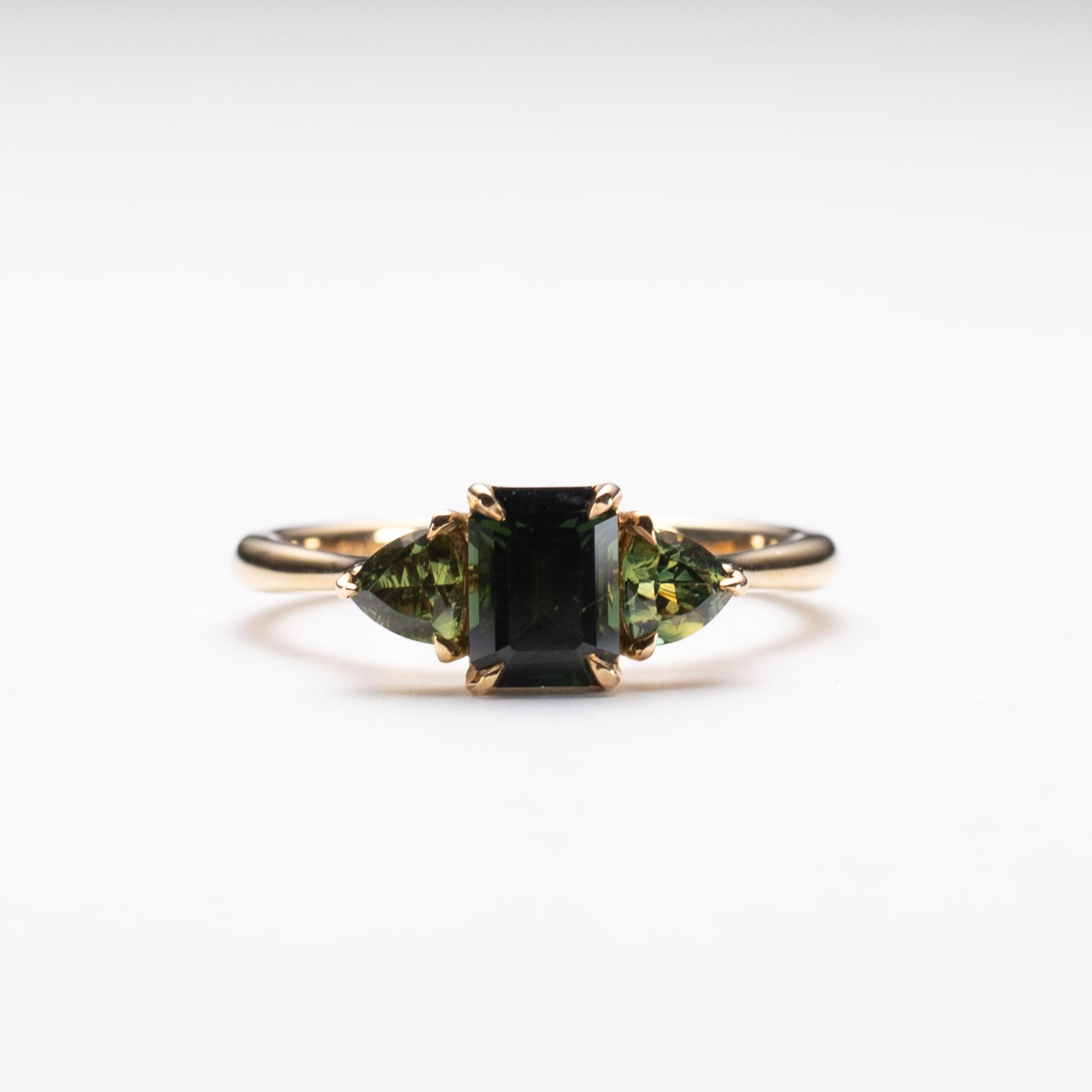 Dark green two tone parti sapphire trio ring. 

Metal: 14K yellow gold
Stone: Australian Parti Sapphire
Stone Shape: Emerald Cut
Stone Size: 6.5 x 5 mm
Stone Weight: 1 carat
Side Stone Shape: Trillion
Side Stone Size: 4 x 4 mm
Side Stone Weight: