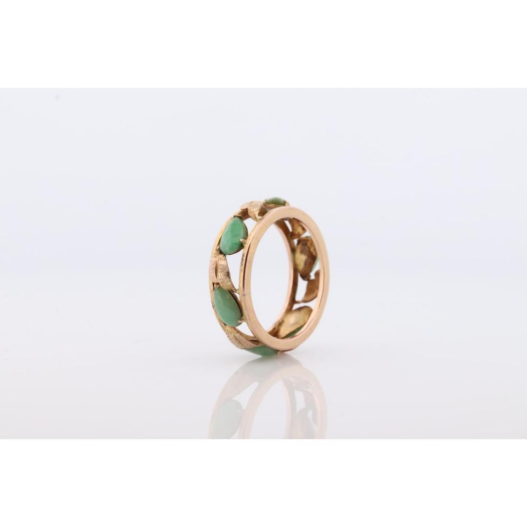 Women's or Men's 14k Green White Jade cabochon ring. Apple translucent green Leaf open band. Jade For Sale