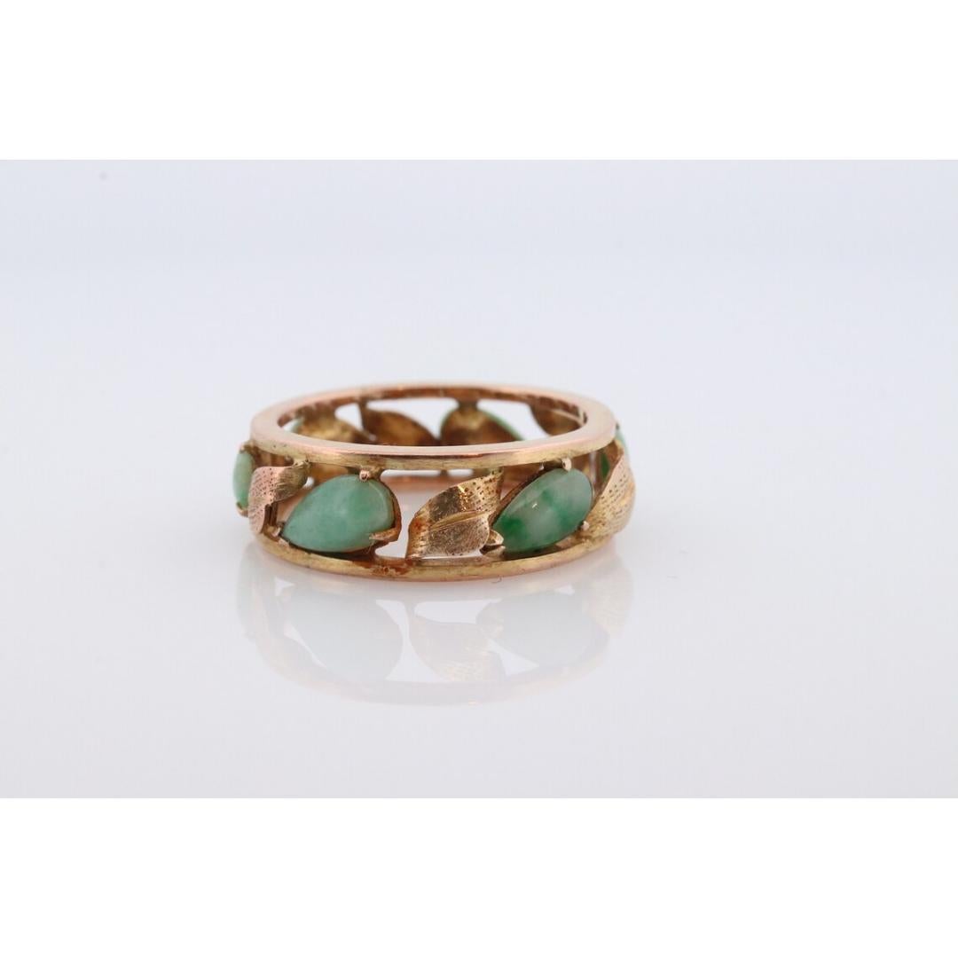 14k Green White Jade cabochon ring. Apple translucent green Leaf open band. Jade For Sale 1