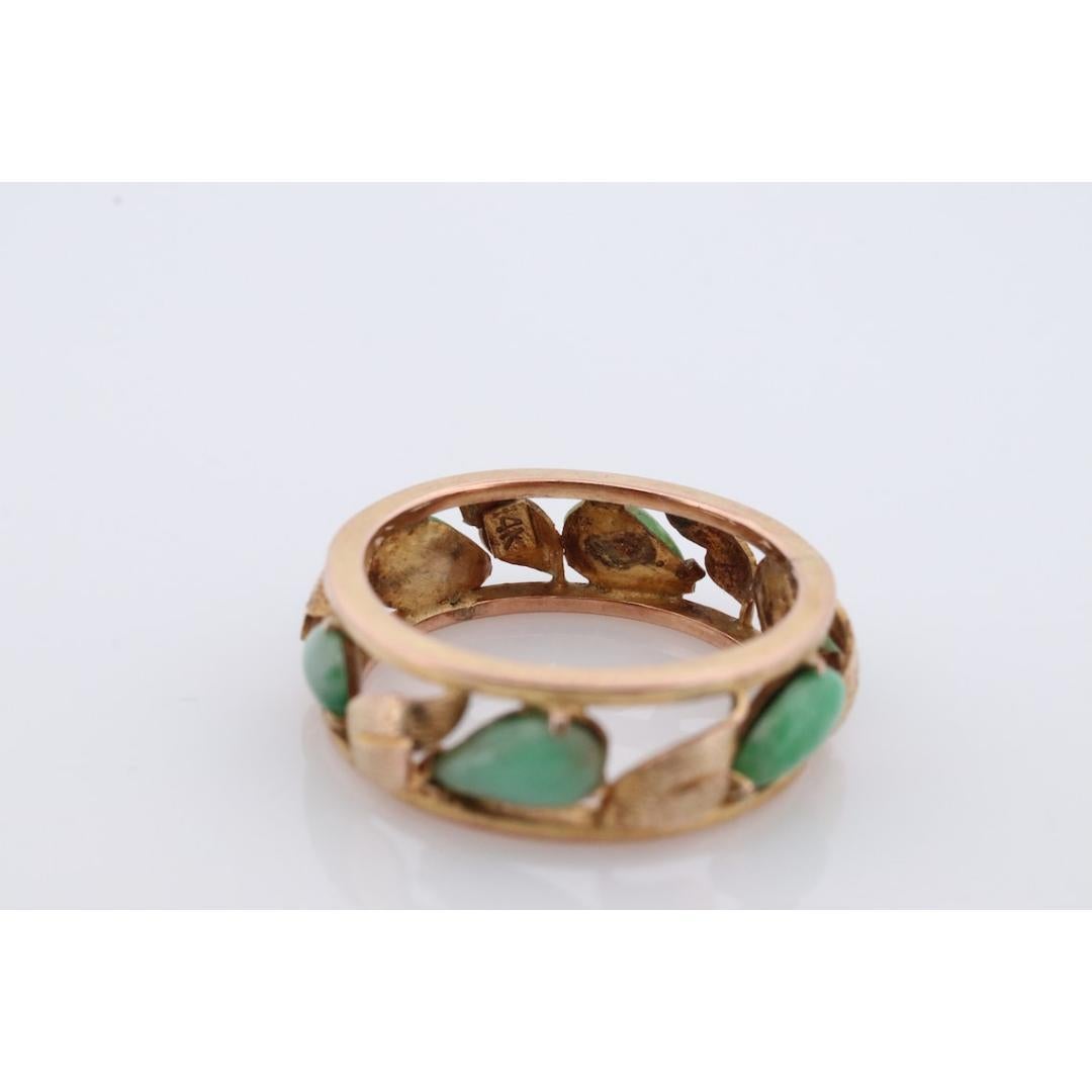14k Green White Jade cabochon ring. Apple translucent green Leaf open band. Jade For Sale 2