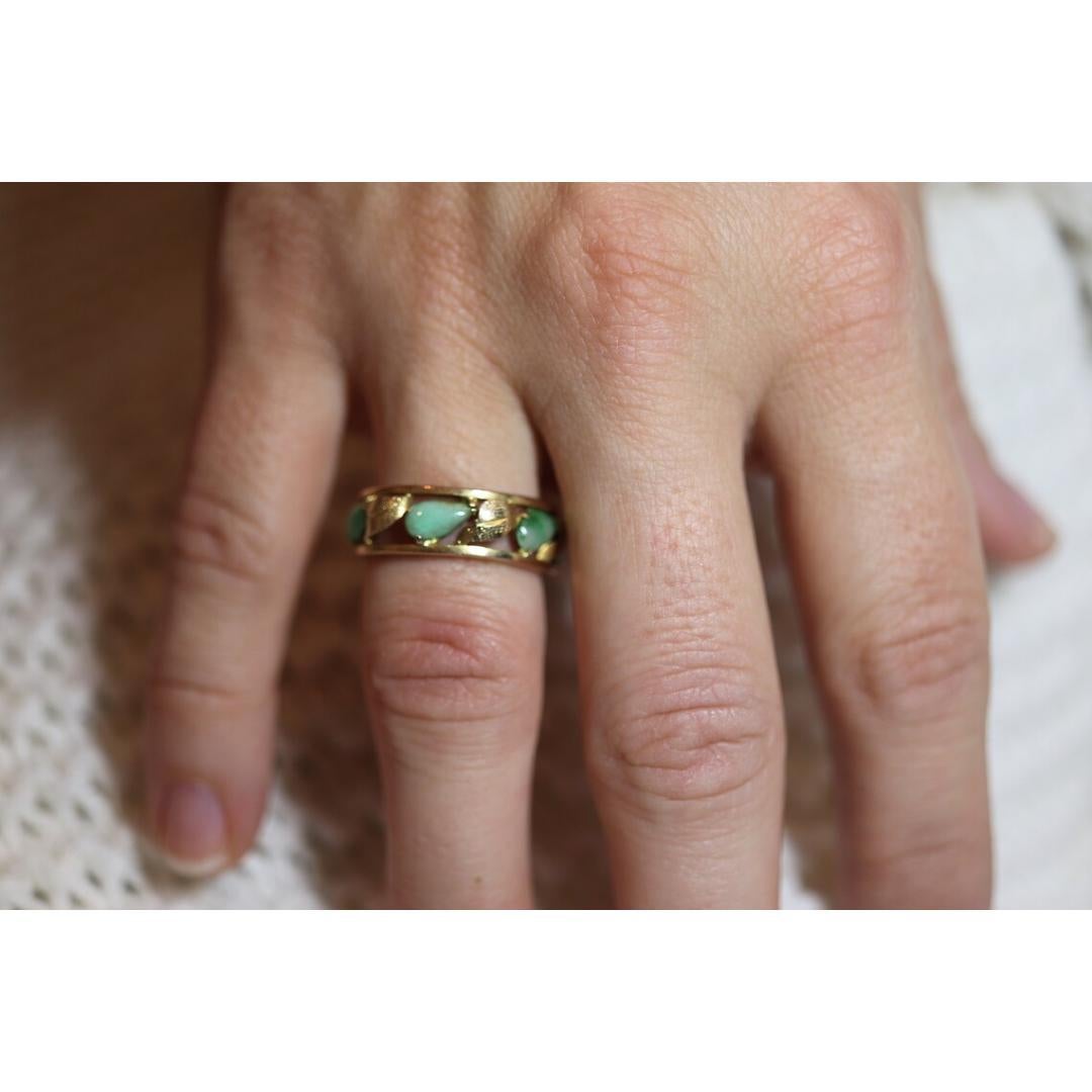 14k Green White Jade cabochon ring. Apple translucent green Leaf open band. Jade For Sale 3