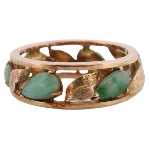 14k Green White Jade cabochon ring. Apple translucent green Leaf open band. Jade