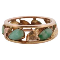 14k Green White Jade cabochon ring. Apple translucent green Leaf open band. Jade