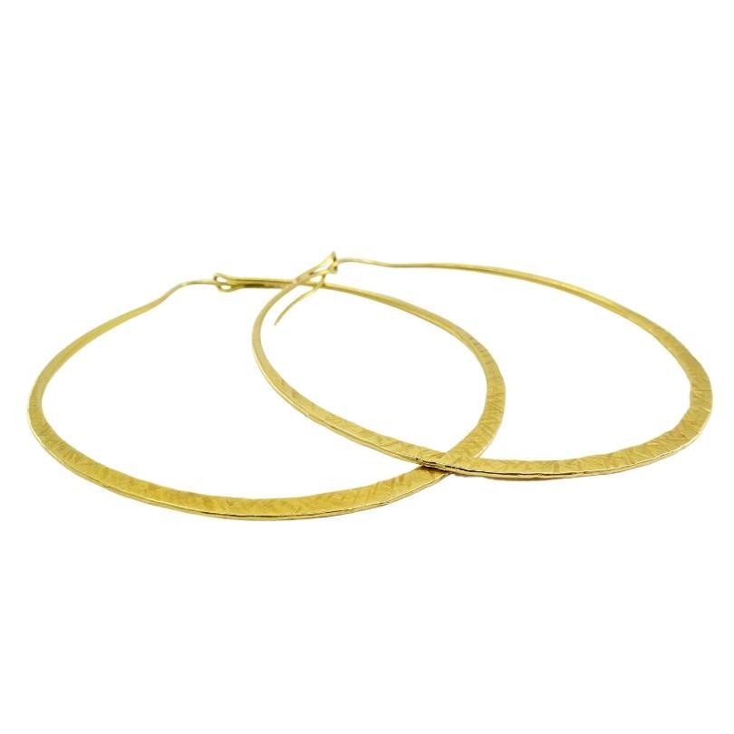 Women's 14k Hammered Gold Flat Hoop Earrings For Sale