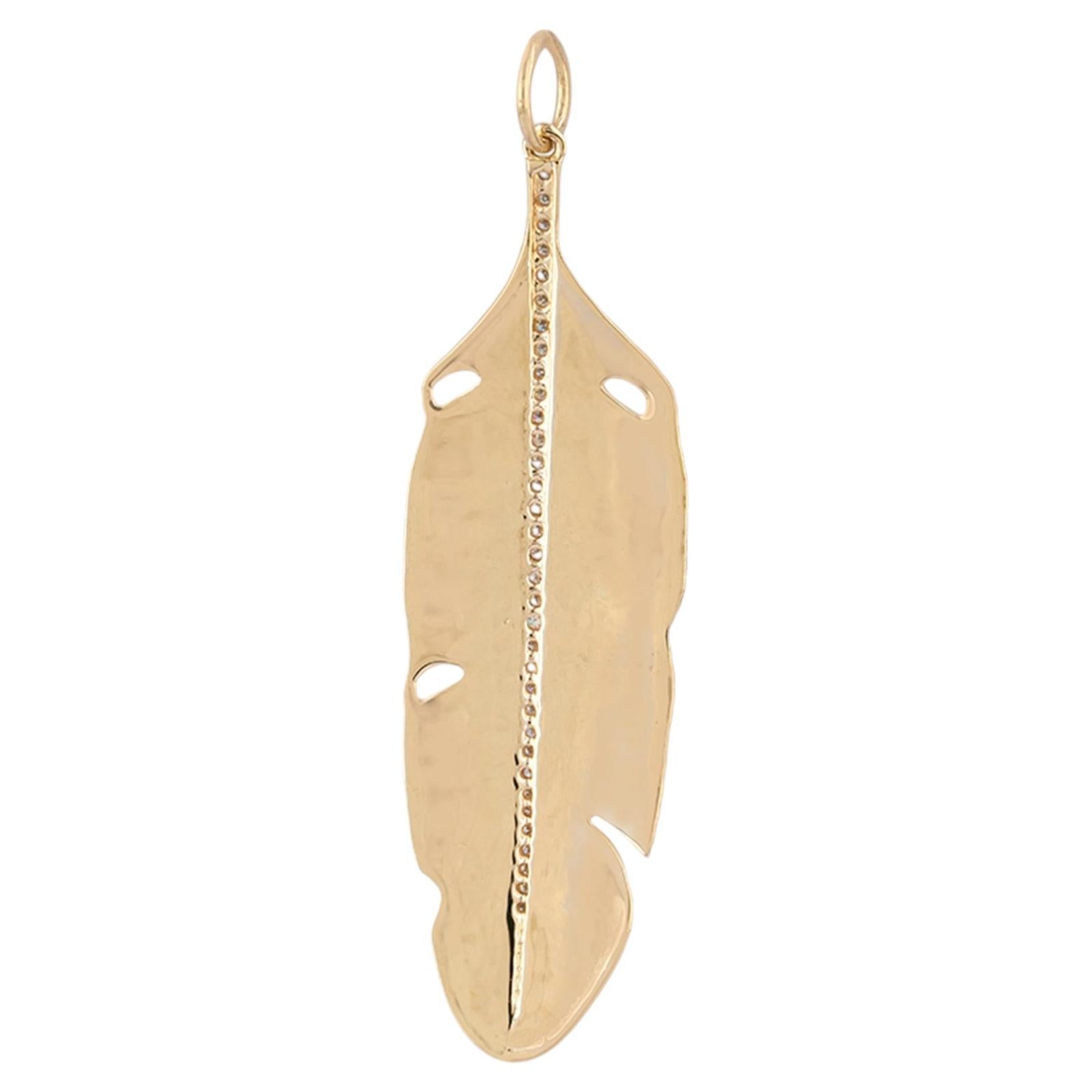 14K Hammered Gold Moissanite Spine Feather Quill Pendant Charm 0.28 Carat