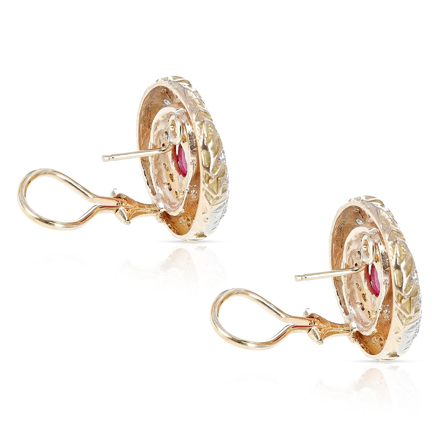 Oval Cut 14K Hammered Gold Oval Ruby Cabochon and Diamond Oval Earrings For Sale