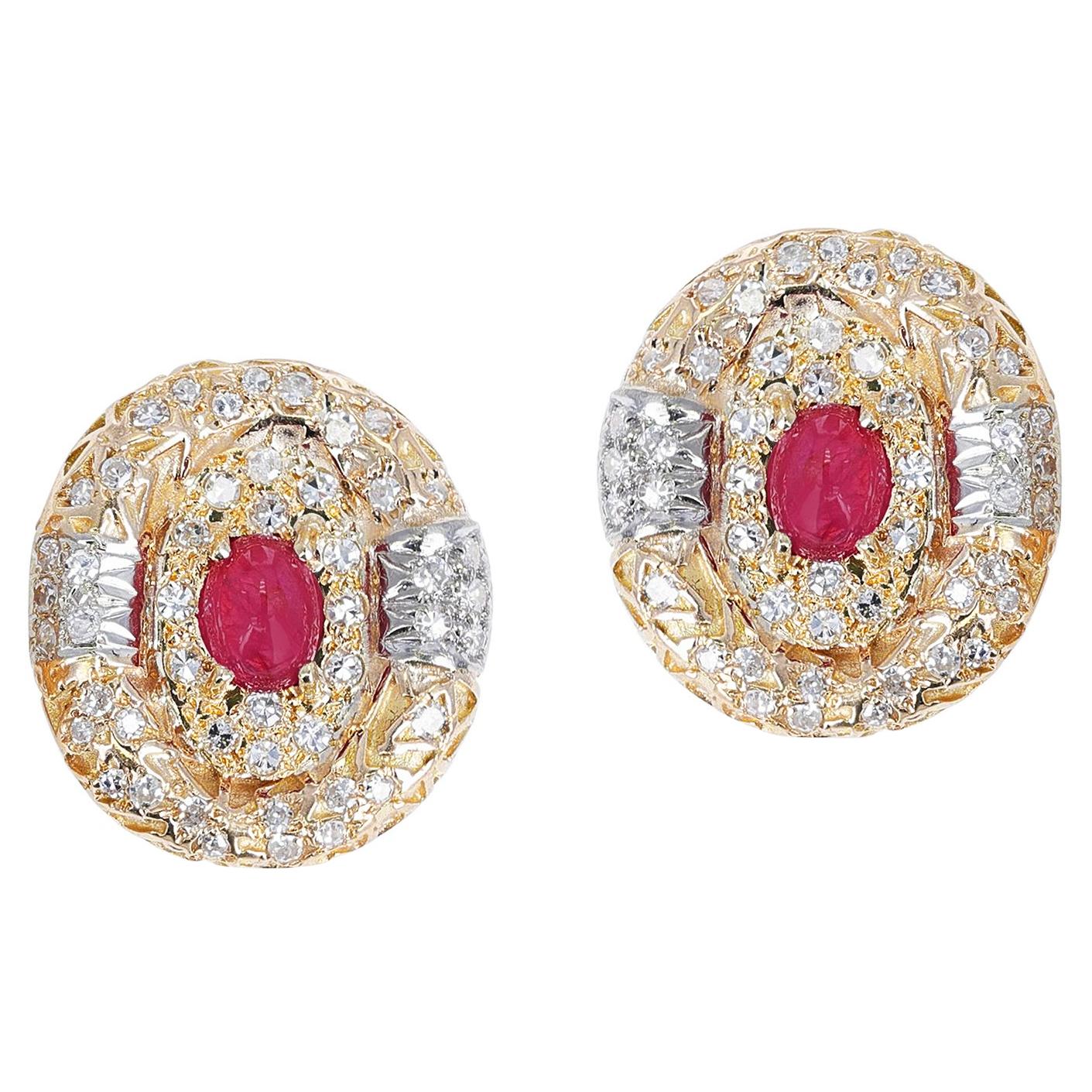 14K Hammered Gold Oval Ruby Cabochon and Diamond Oval Earrings For Sale