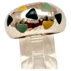 14k Hammered White Gold With Various Colours of Inlay Agate Inlay Ring Size 6