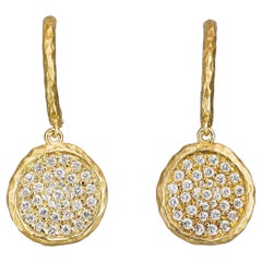 14k Hammered Yellow Gold Diamond Disc Drop Earrings