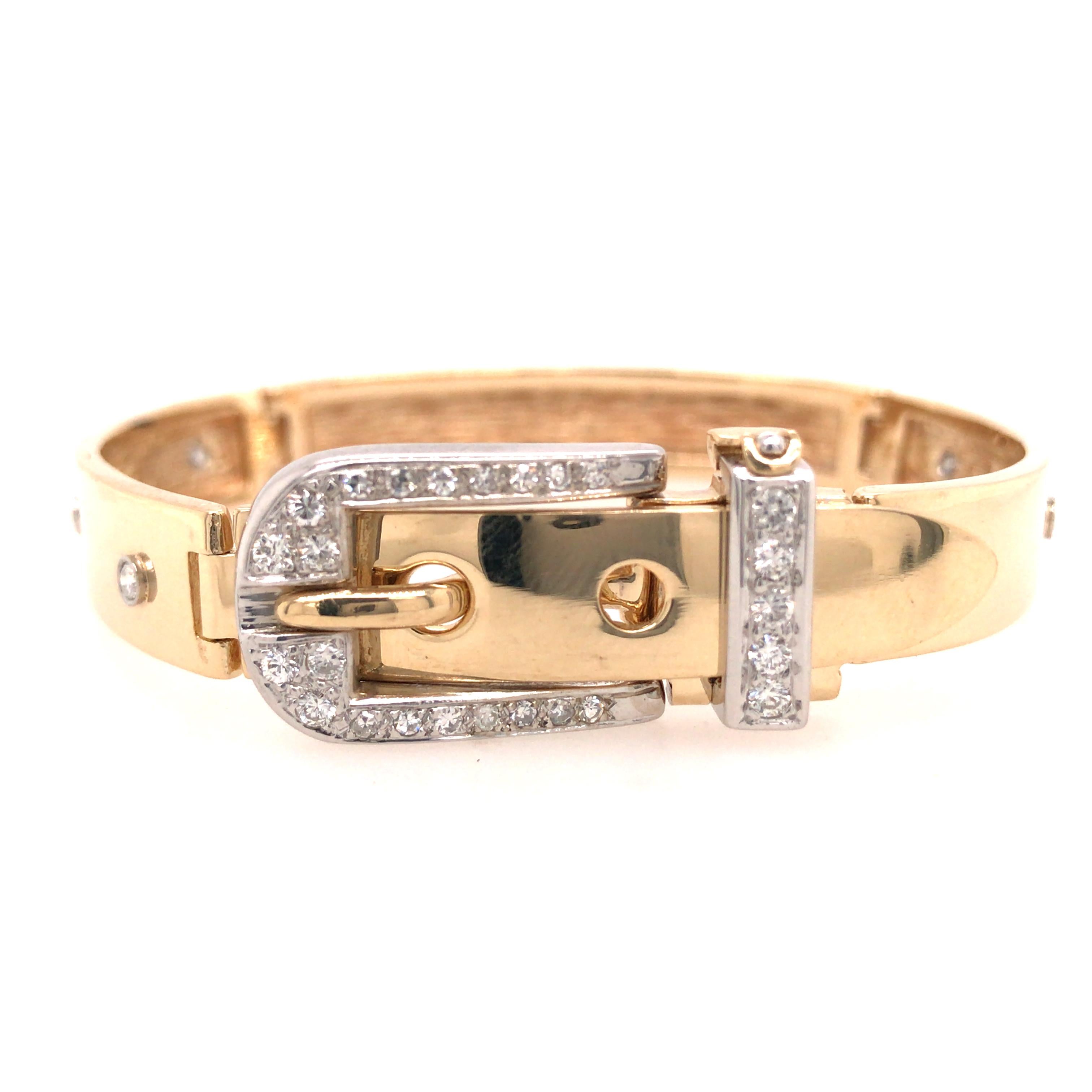 Hammerman Brothers Diamond Buckle Bracelet in 14K Yellow Gold.  Round Brilliant Cut Diamonds weighing 1.03 carat total weight, F-G in color and VS1-VS2 are expertly set.  The Bracelet is adjustable in length from 6 1/2 inch to 6 3/4 inch and
