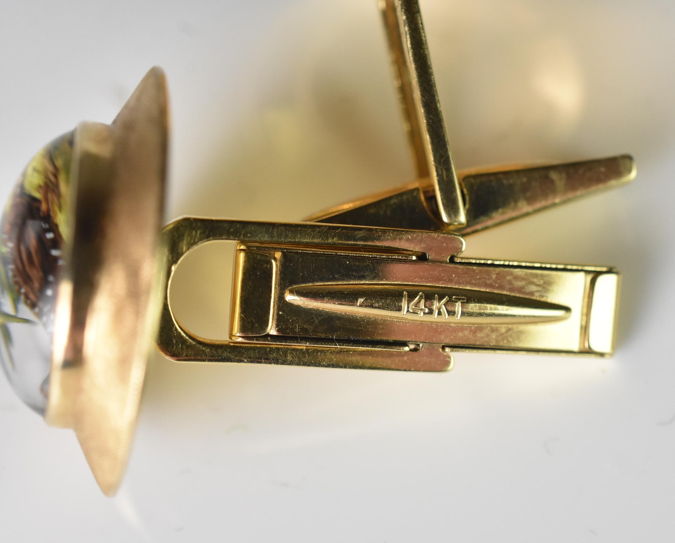14k Hand Painted Rock Crystal Pheasant Cufflinks Scully & Scully In Good Condition For Sale In Toledo, OH