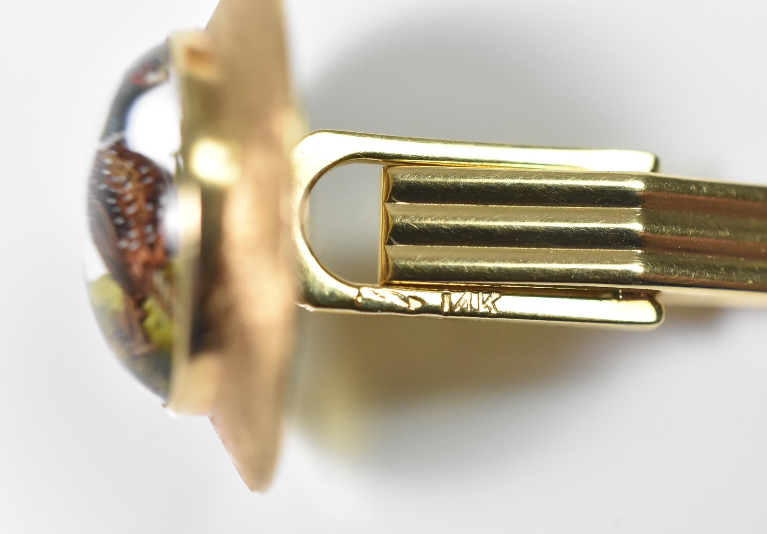 Gold 14k Hand Painted Rock Crystal Pheasant Cufflinks Scully & Scully For Sale