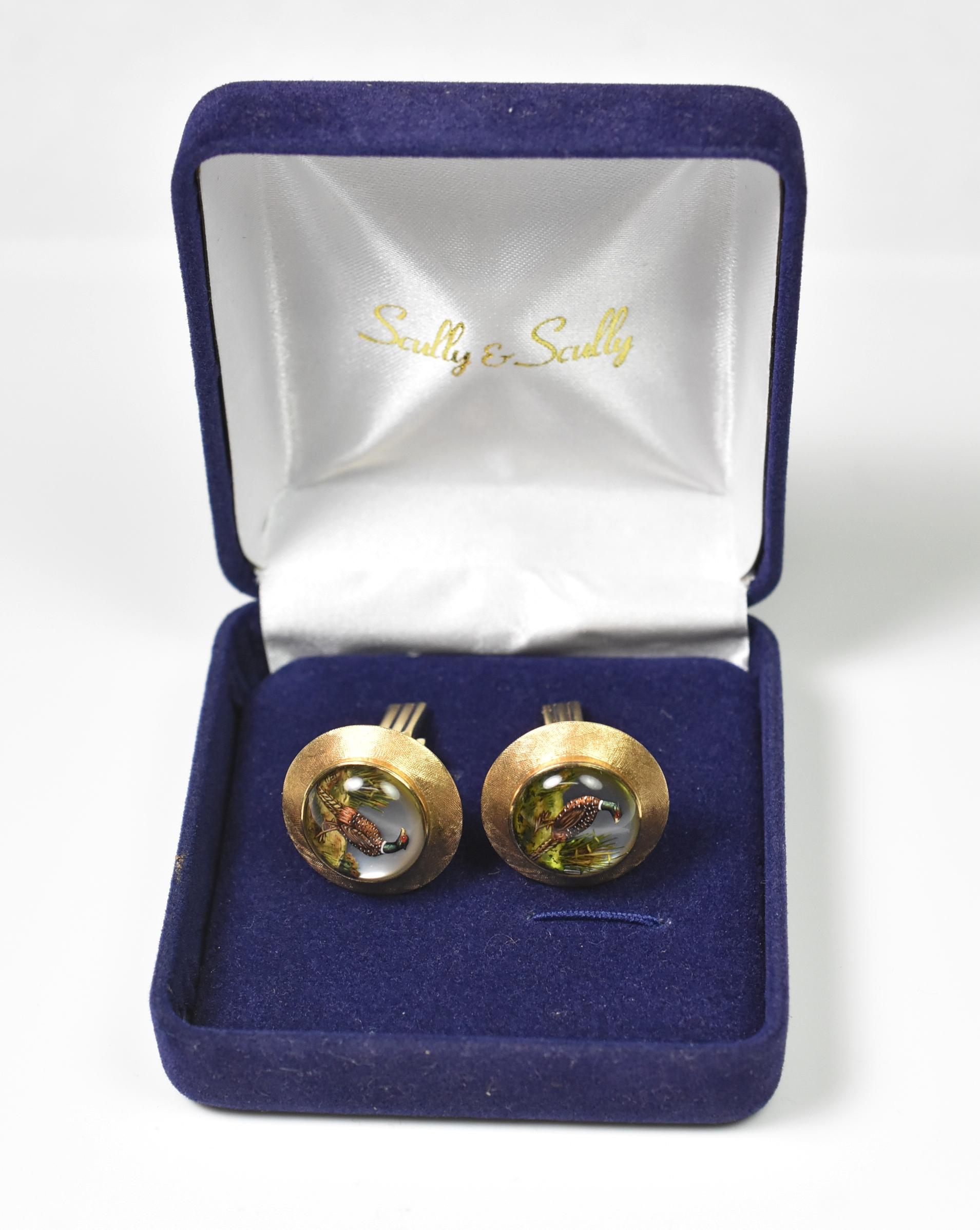 14k Hand Painted Rock Crystal Pheasant Cufflinks Scully & Scully For Sale 1