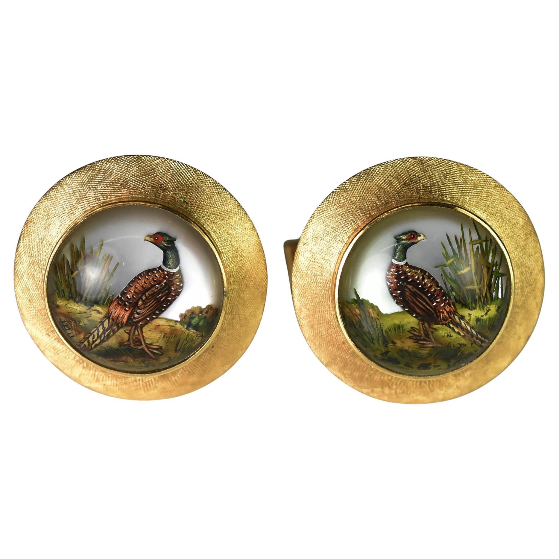 14k Hand Painted Rock Crystal Pheasant Cufflinks Scully & Scully