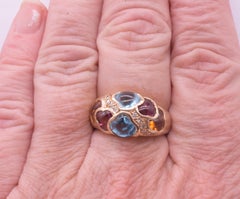 Bague arlequin 14 carats, grenats multi-pierres, topaze bleue et diamants