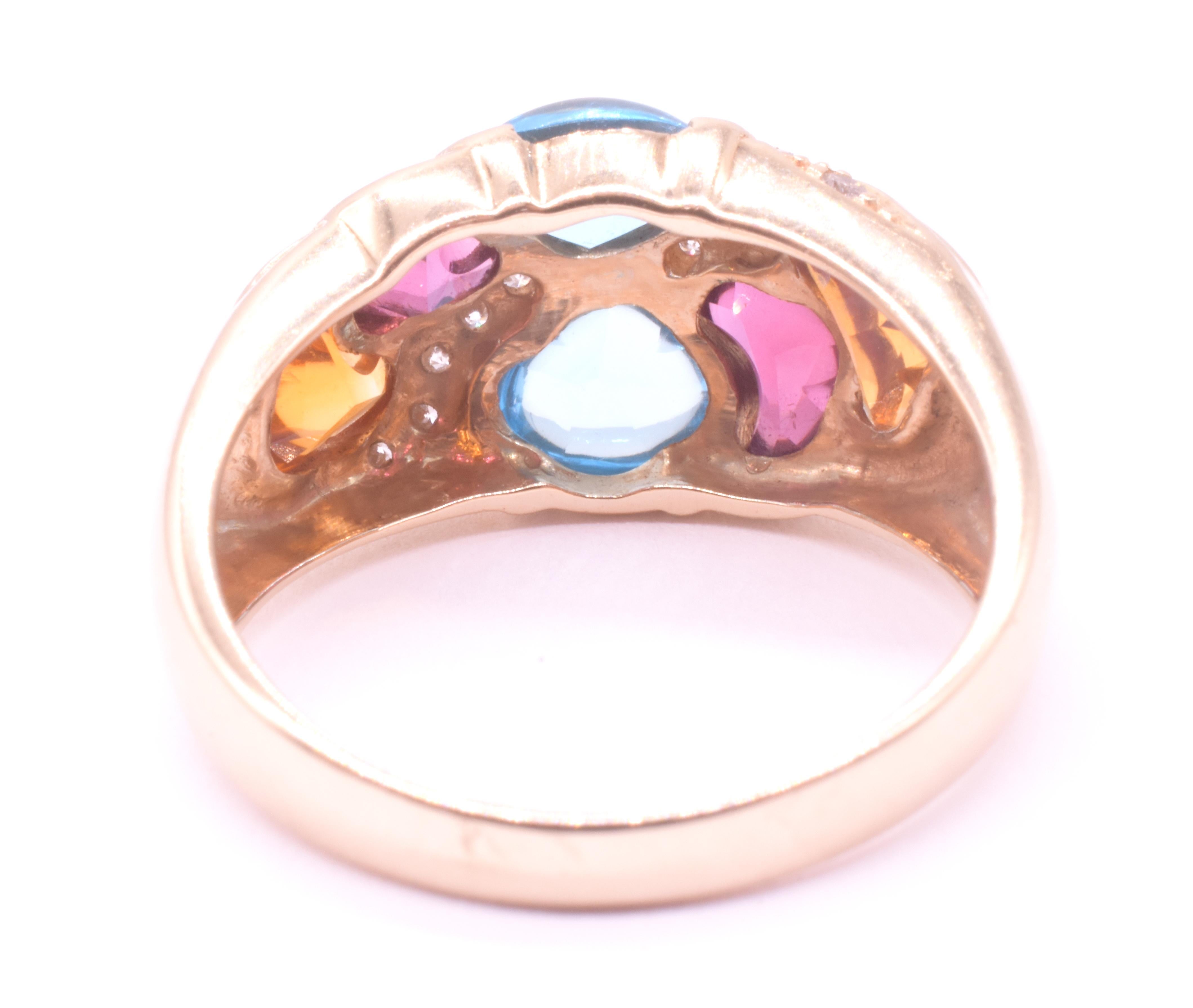Retro 14K Harlequin Multi-Stone Garnet and Blue Topaz and Diamond Ring