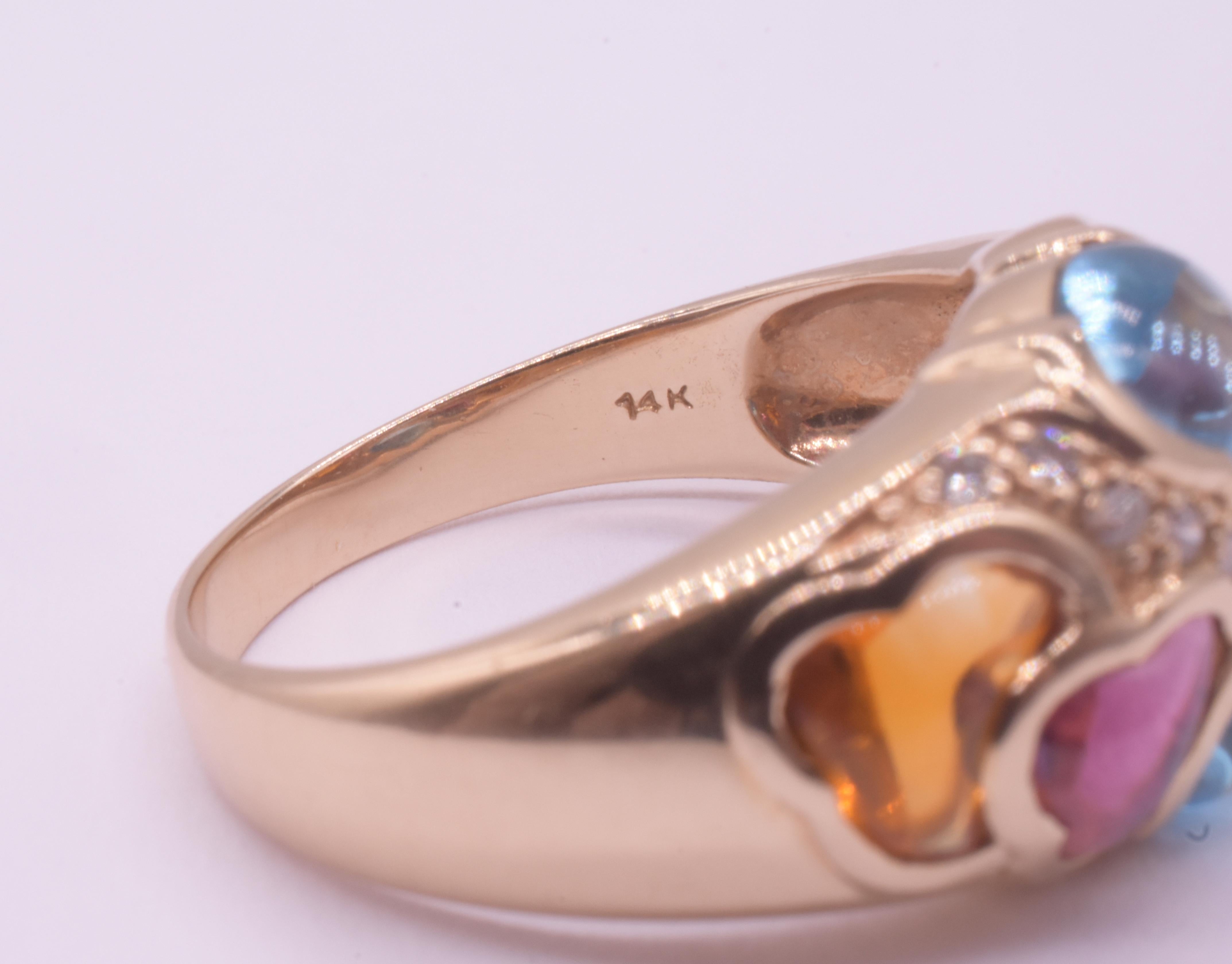 Cabochon 14K Harlequin Multi-Stone Garnet and Blue Topaz and Diamond Ring