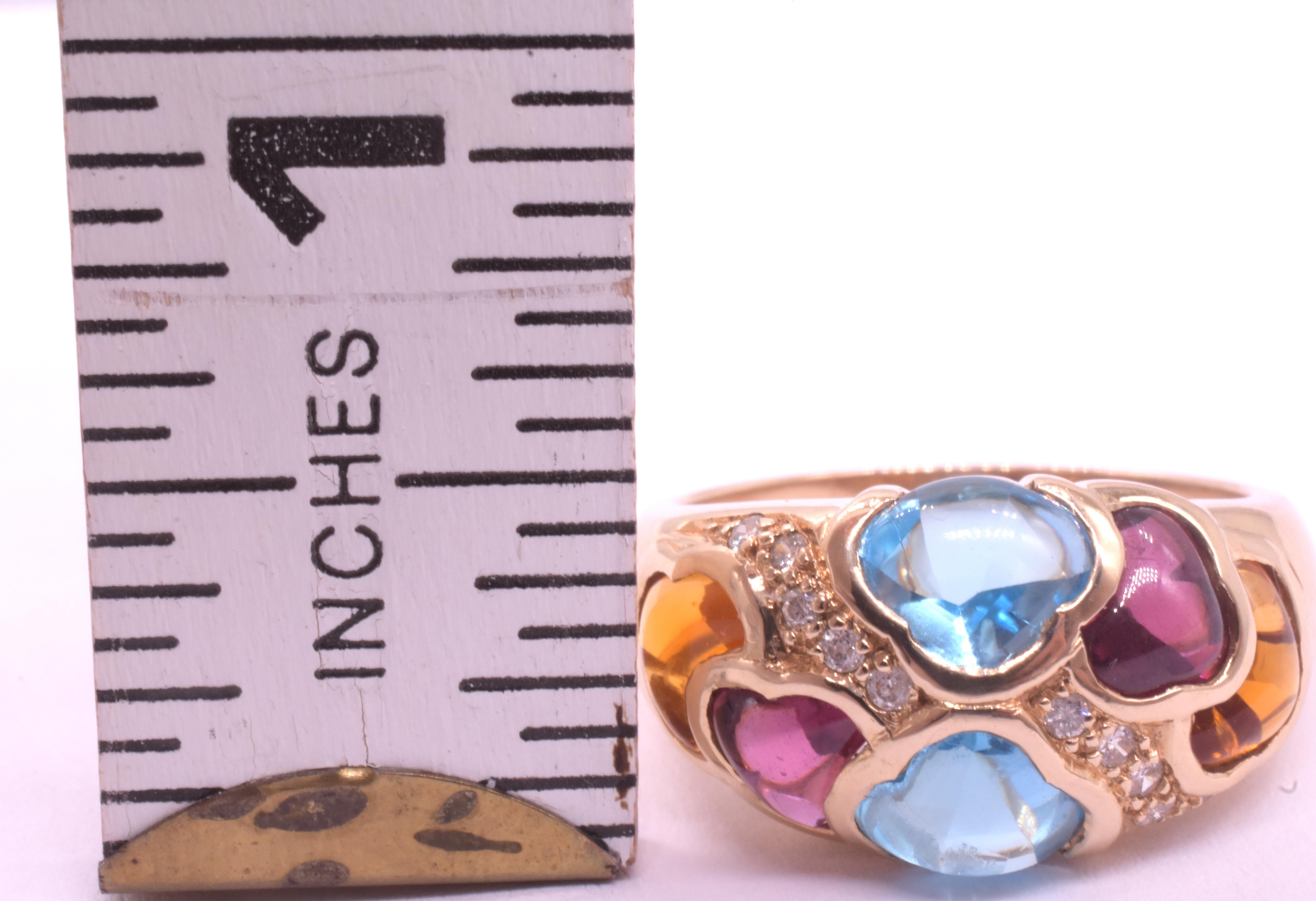 Women's or Men's 14K Harlequin Multi-Stone Garnet and Blue Topaz and Diamond Ring