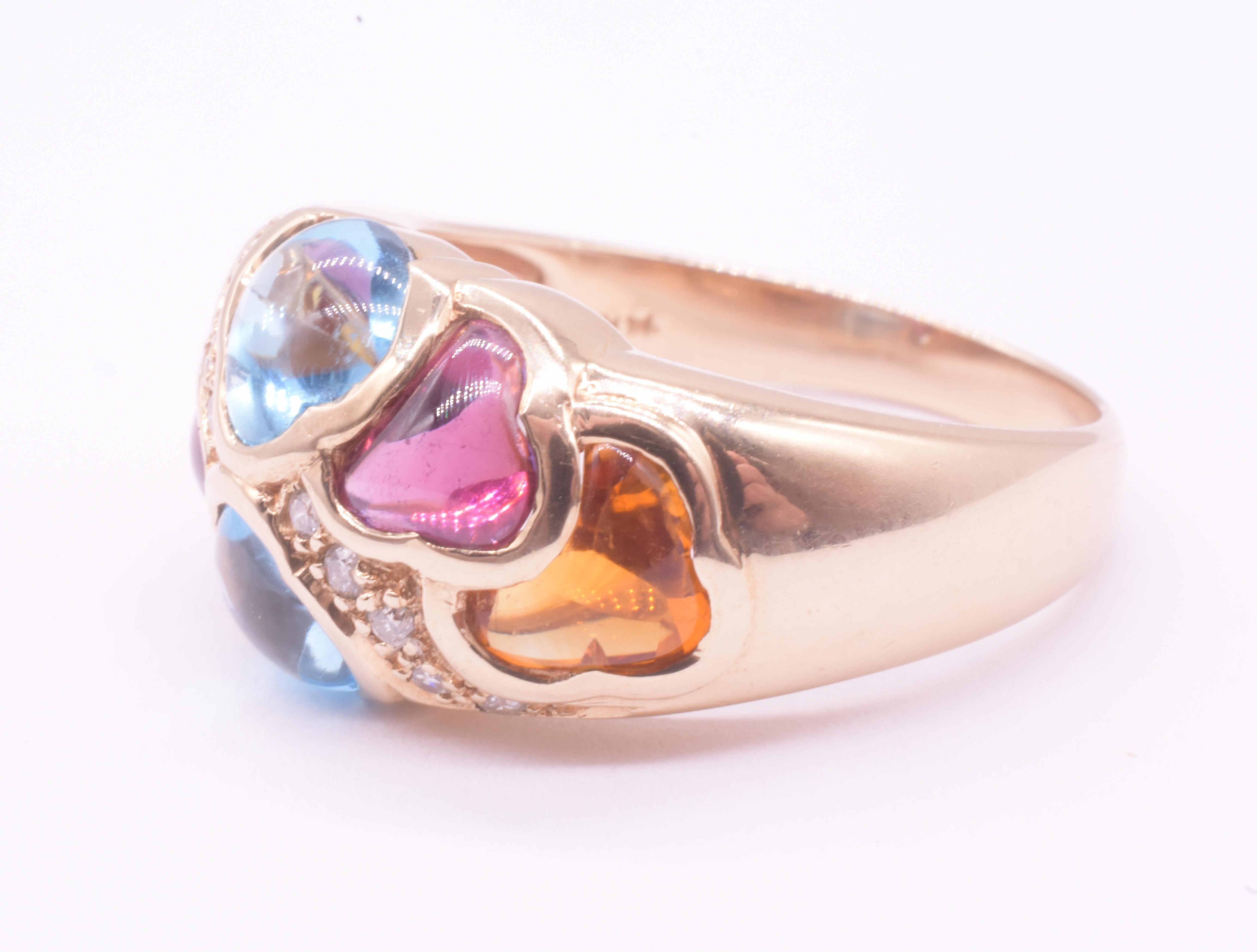 14K Harlequin Multi-Stone Garnet and Blue Topaz and Diamond Ring 1