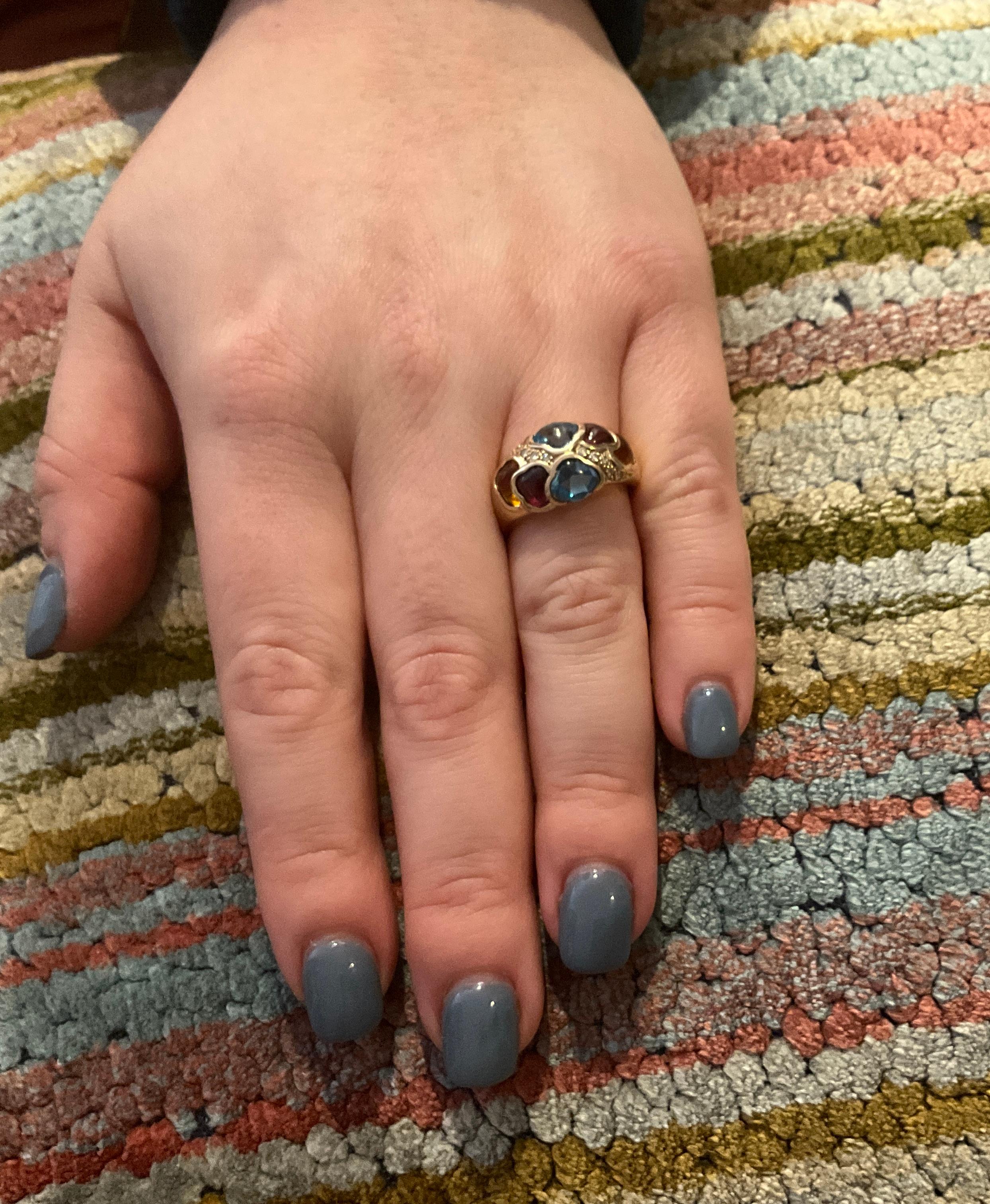 14K Harlequin Multi-Stone Garnet and Blue Topaz and Diamond Ring 3