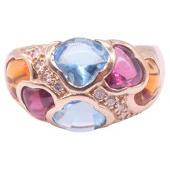 Vintage 14K Harlequin Multi-Stone Garnet and Blue Topaz and Diamond Ring