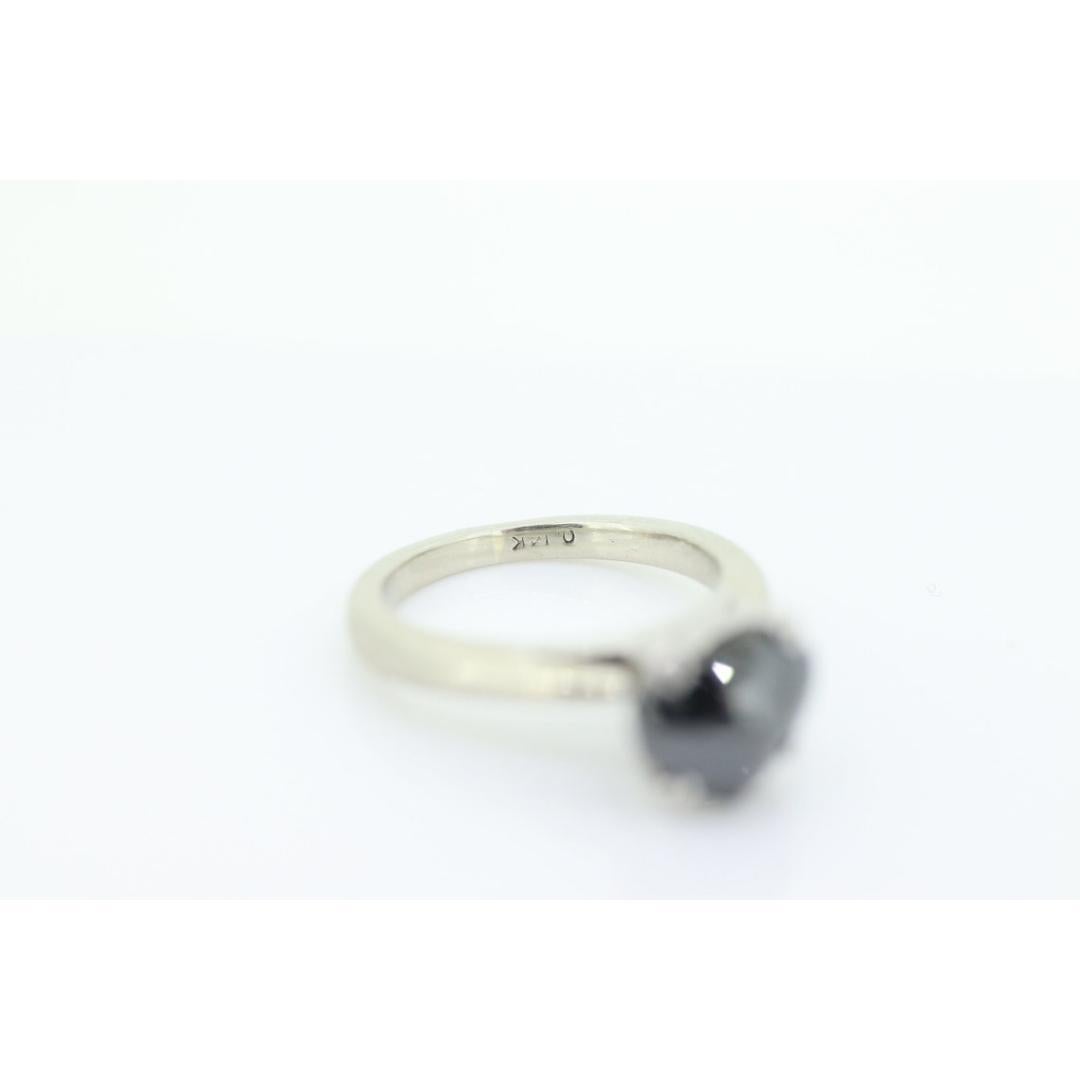 Women's 14k Heart Diamond Cut Solitaire ring. 14k white gold Heart Cut BLACK diamond. For Sale